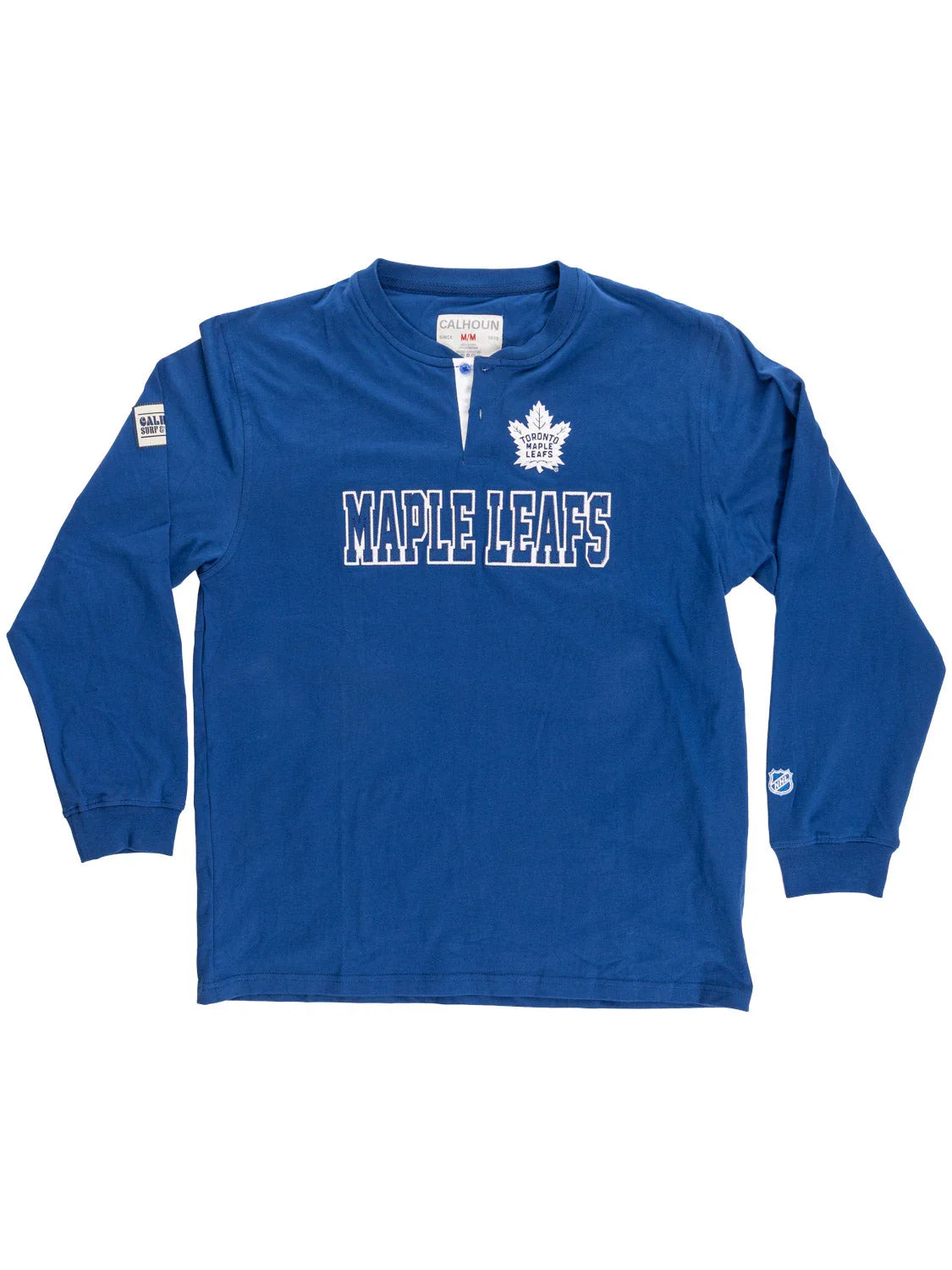 Blue Toronto Maple Leafs long sleeve shirt with logo and white lettering on front