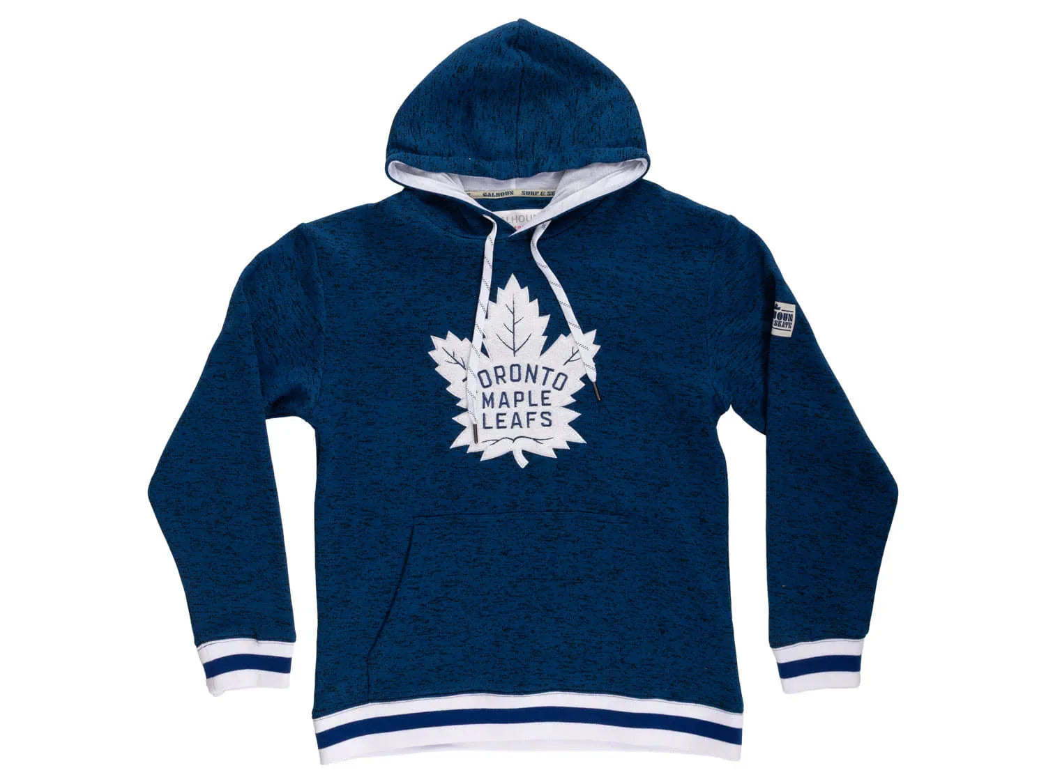 Blue Toronto Maple Leafs hoodie with white logo and drawstrings on plain background