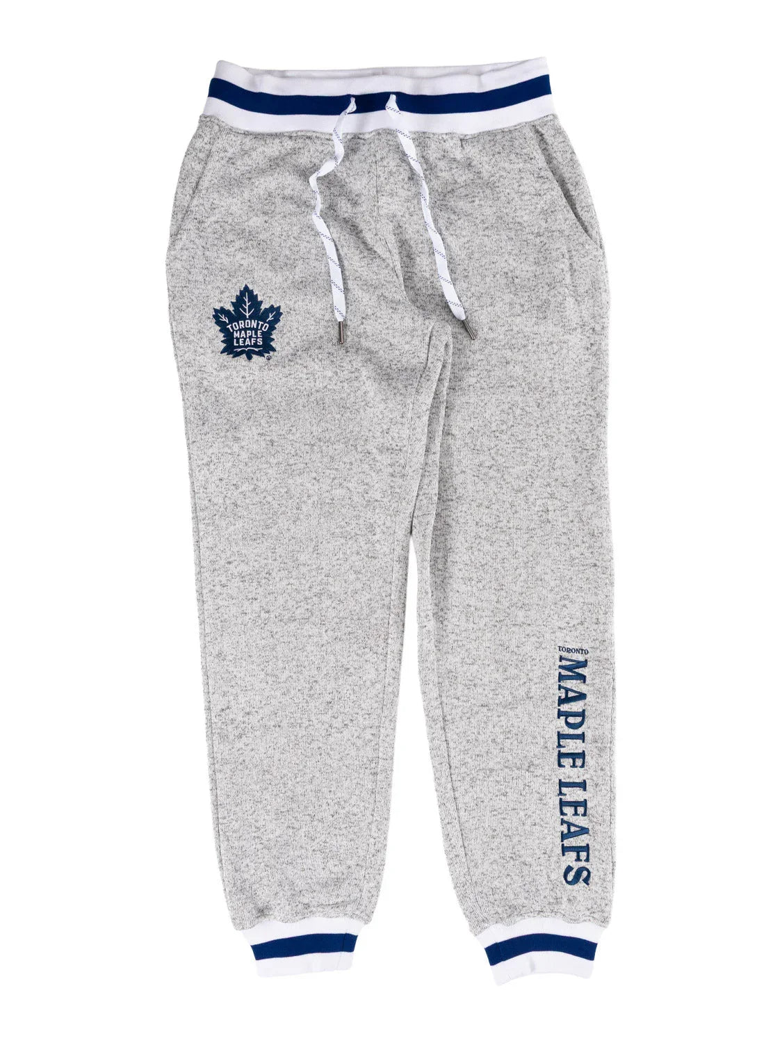 Toronto Maple Leafs grey sweatpants with blue logo and text, white drawstring, blue trim