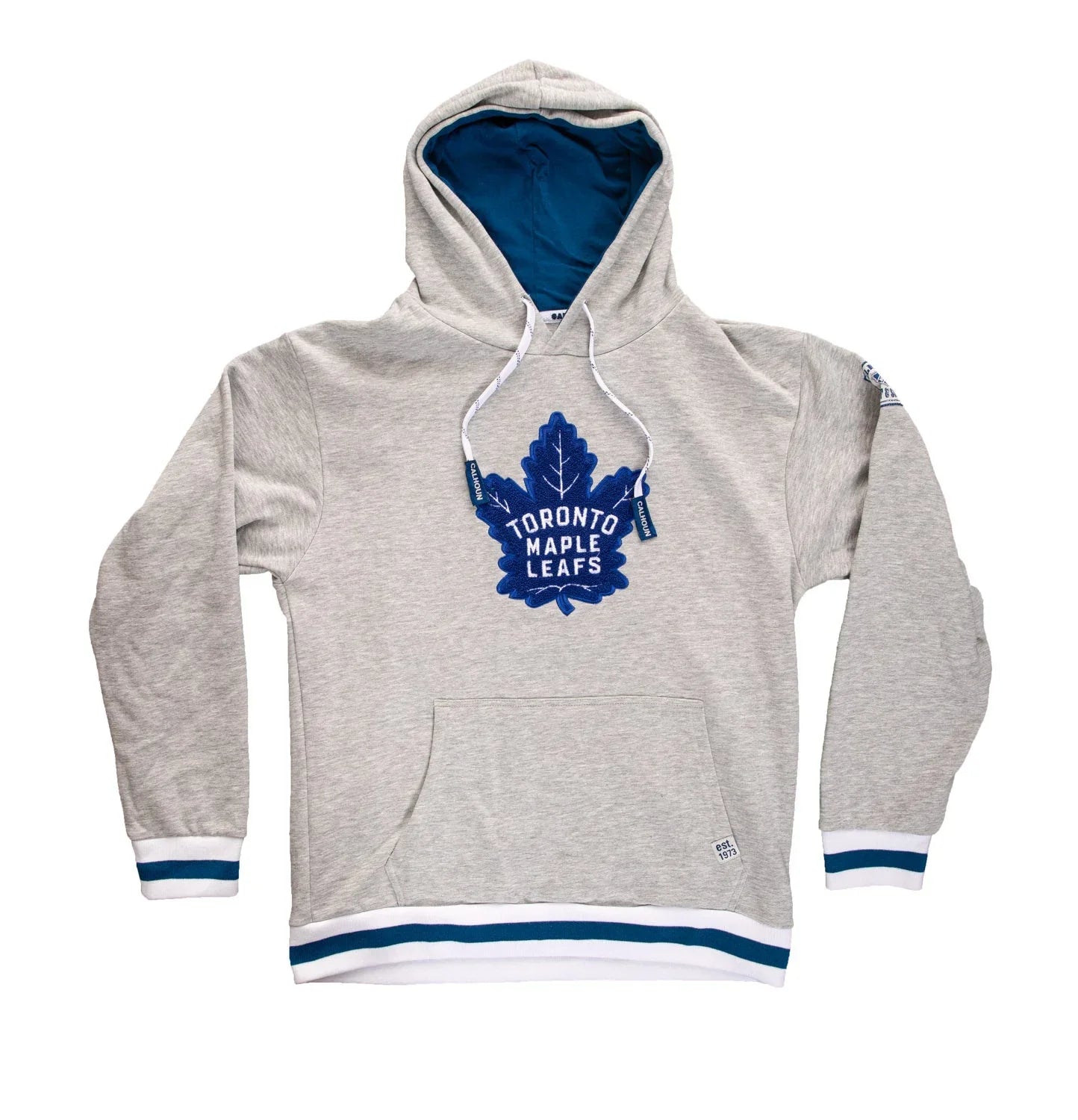 Toronto Maple Leafs grey chenille hoodie with blue logo, white drawstrings, and striped cuffs