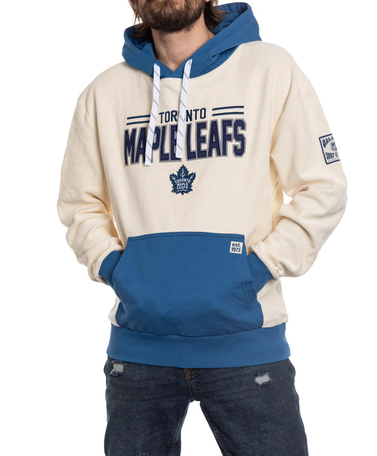 Toronto Maple Leafs cream and blue hoodie with logo, front pocket, and drawstring hood