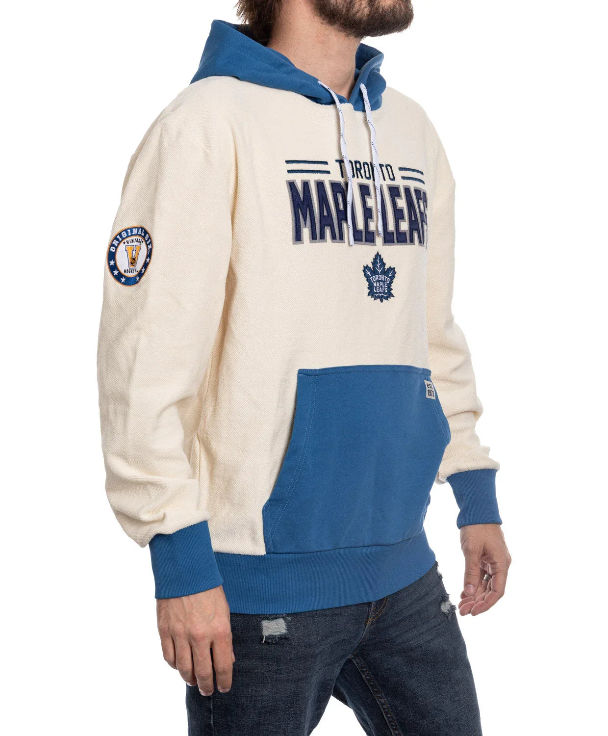 Toronto Maple Leafs cream and blue hoodie with team logo and patch, side view