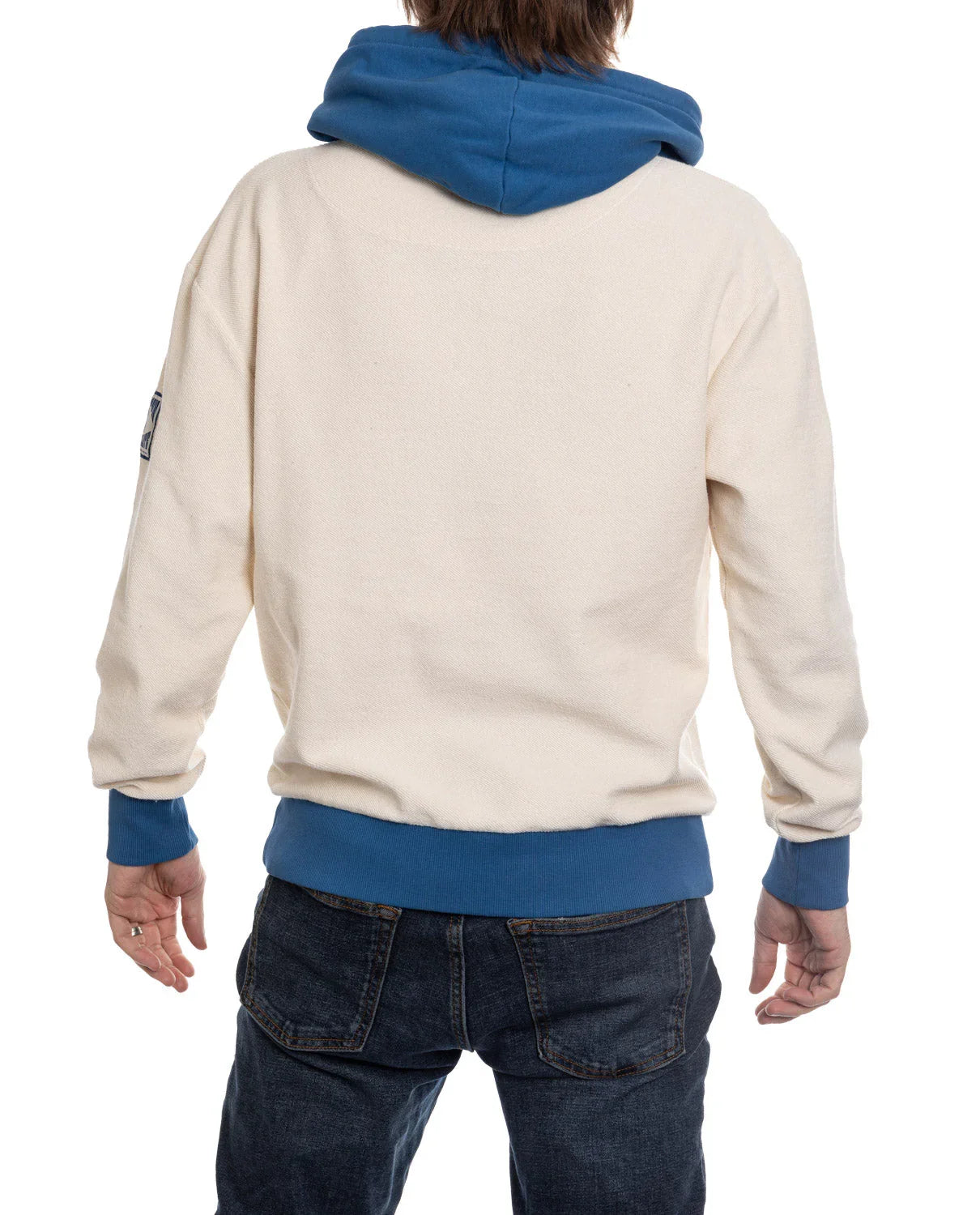 Back view of cream Toronto Maple Leafs hoodie with blue hood and cuffs