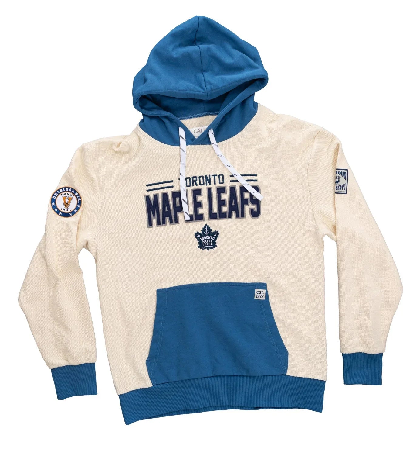 Toronto Maple Leafs cream and blue hoodie with team logo and patches on sleeves