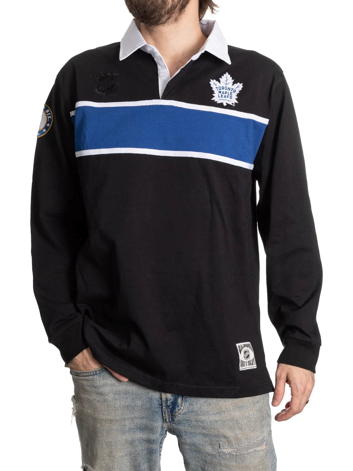Toronto Maple Leafs black rugby shirt with blue stripe, white collar, denim jeans
