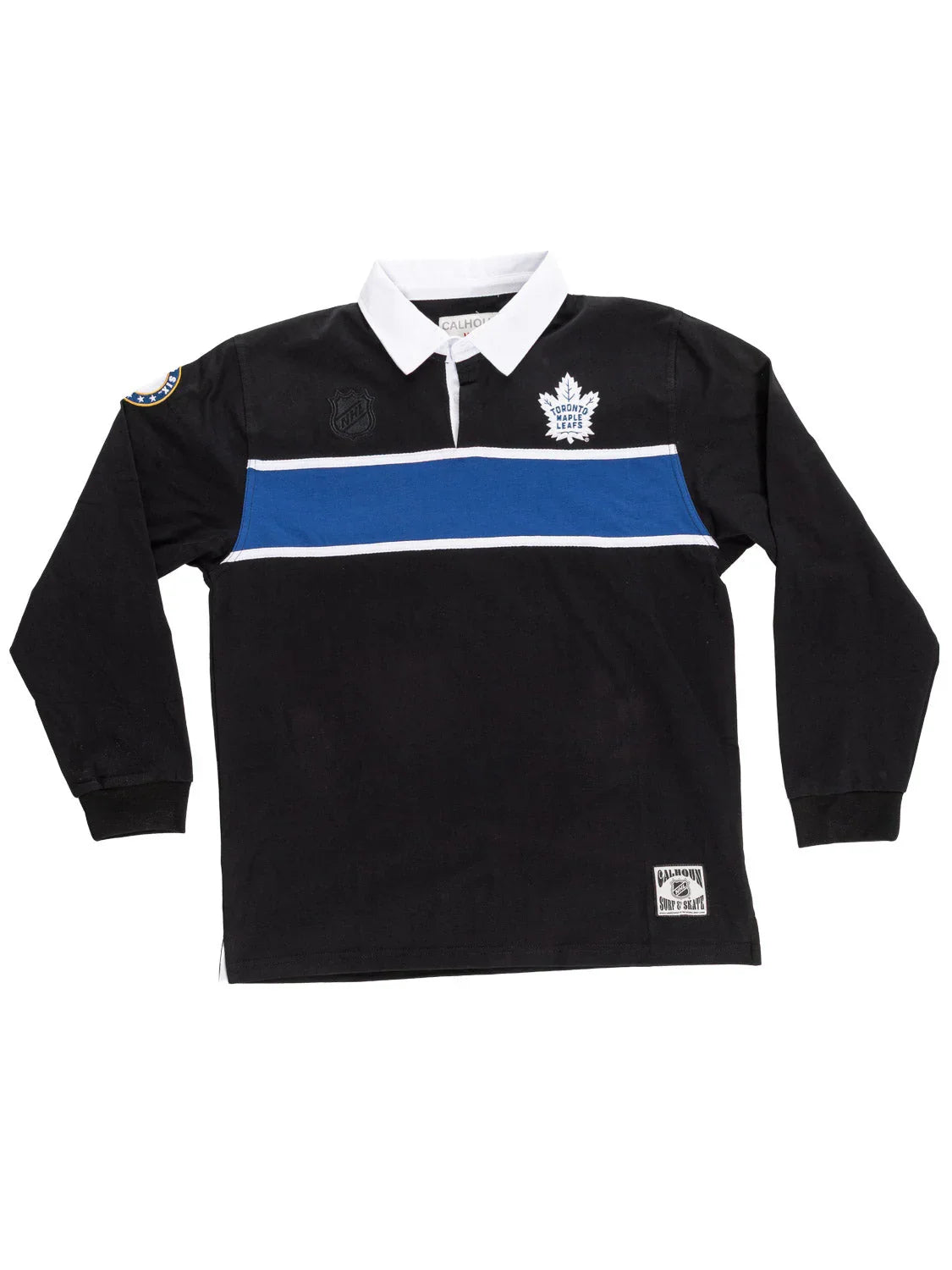 Toronto Maple Leafs rugby shirt with blue stripe, white collar, NHL logo, and team patch