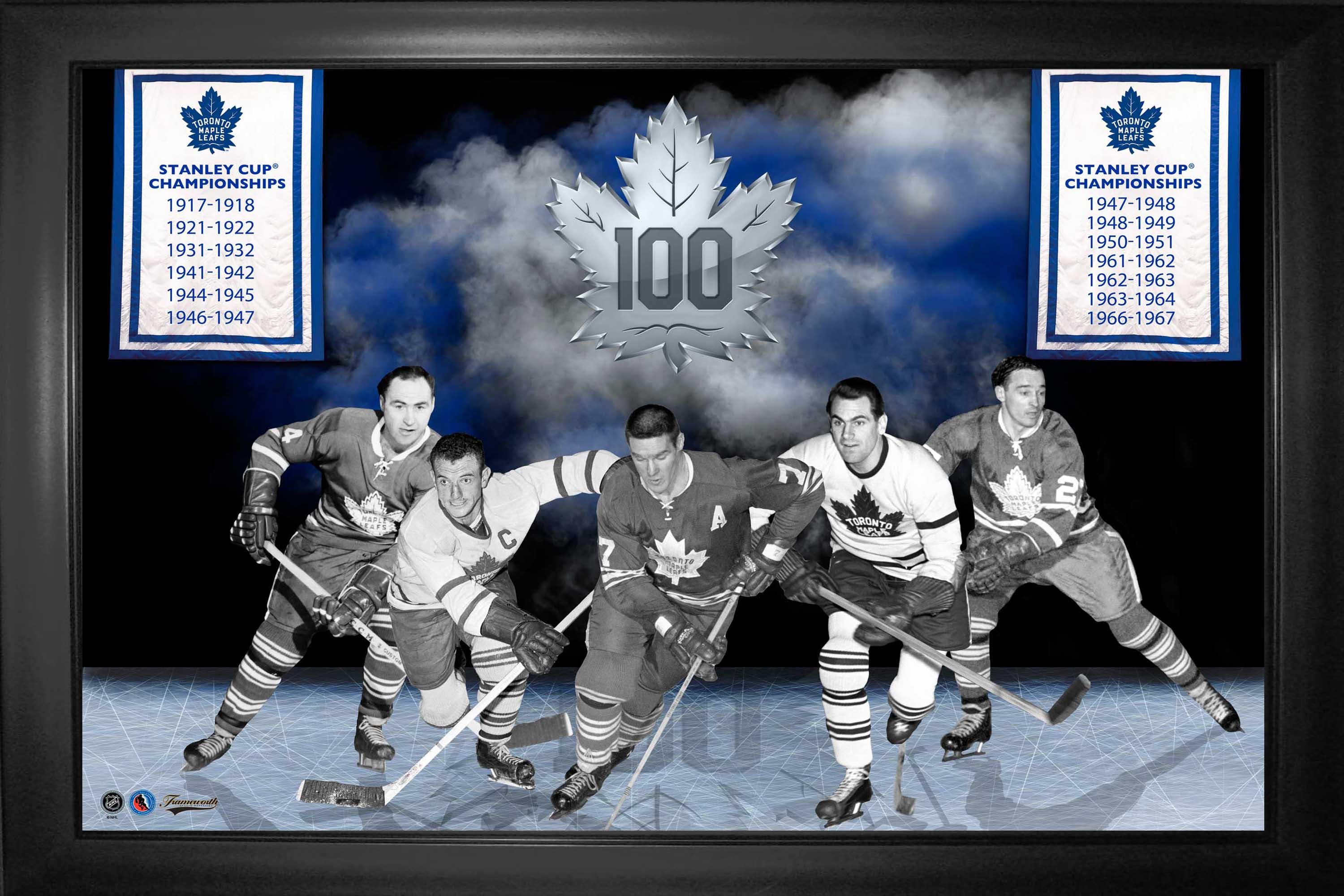 Toronto Maple Leafs historic players framed hockey art with Stanley Cup championships list