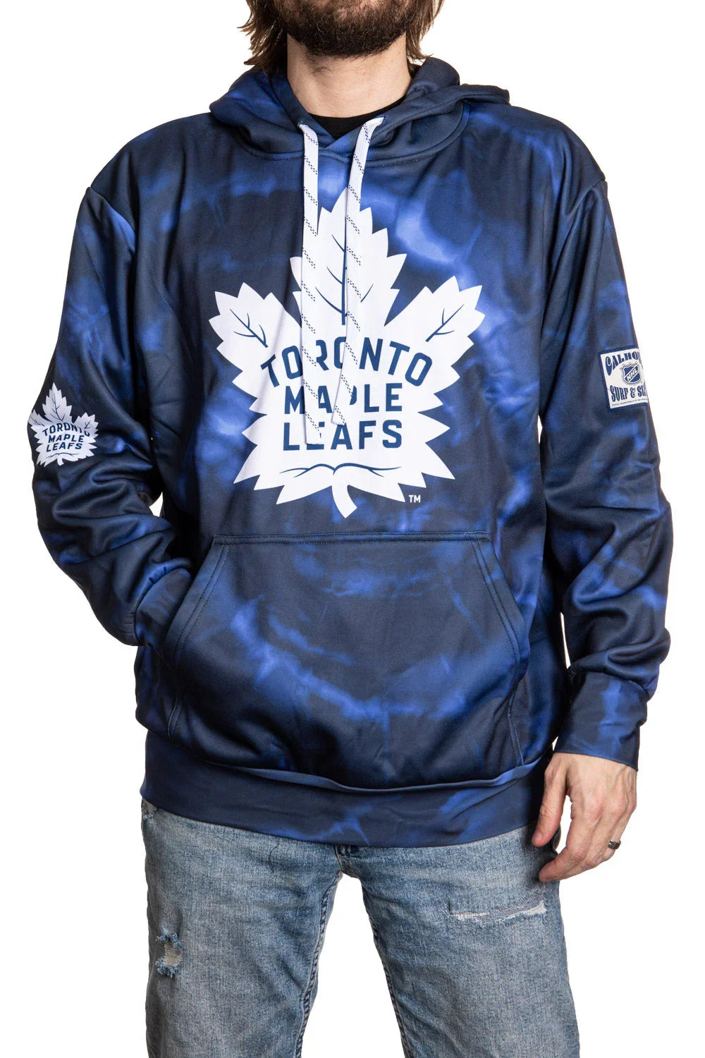 Toronto Maple Leafs blue sublimated hoodie with white logo, worn by man in jeans