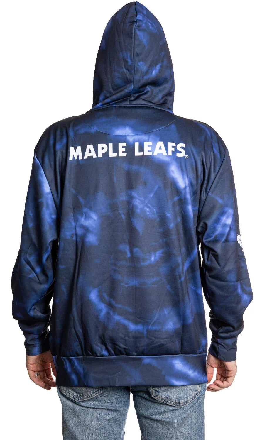 Back view of Toronto Maple Leafs navy blue sublimated hoodie with white logo text
