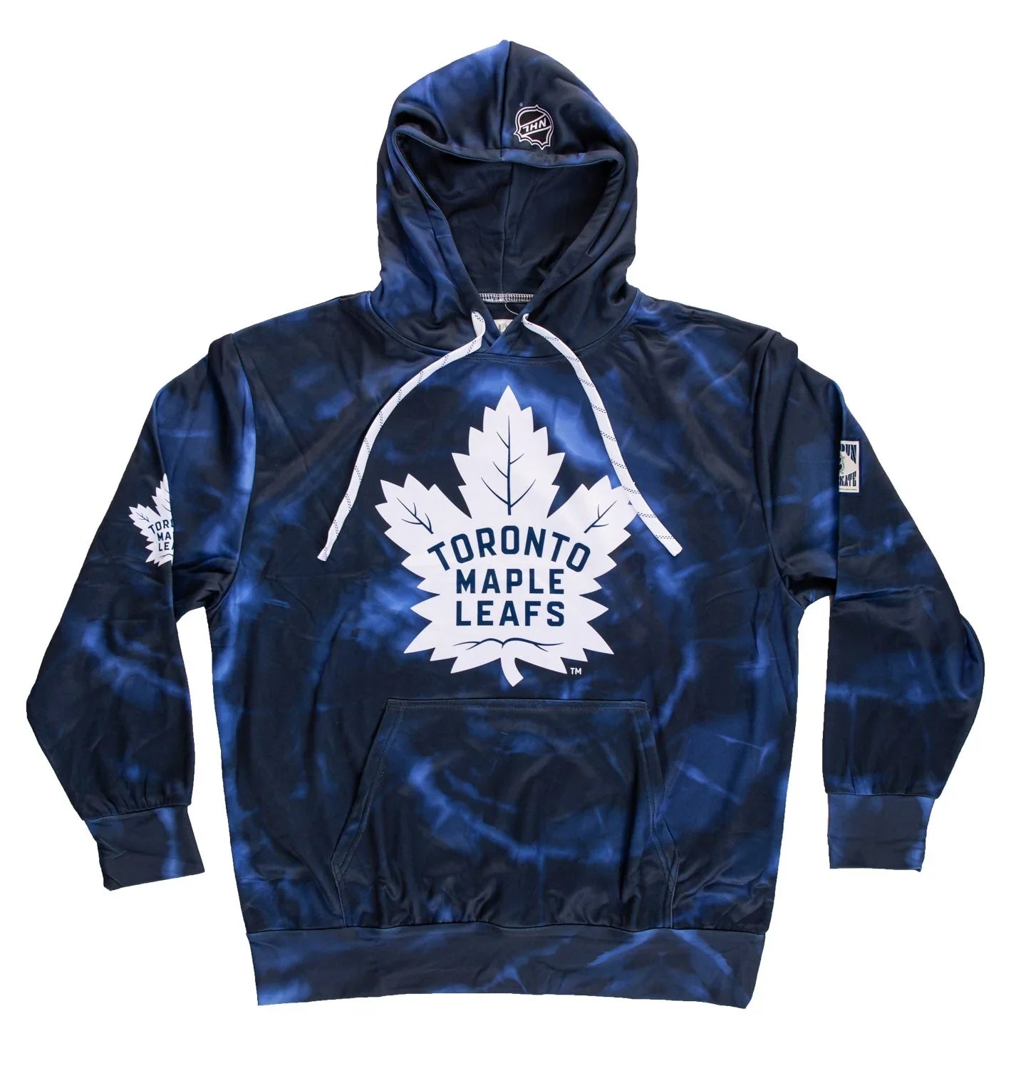 Toronto Maple Leafs navy blue sublimated hoodie with white logo and drawstrings