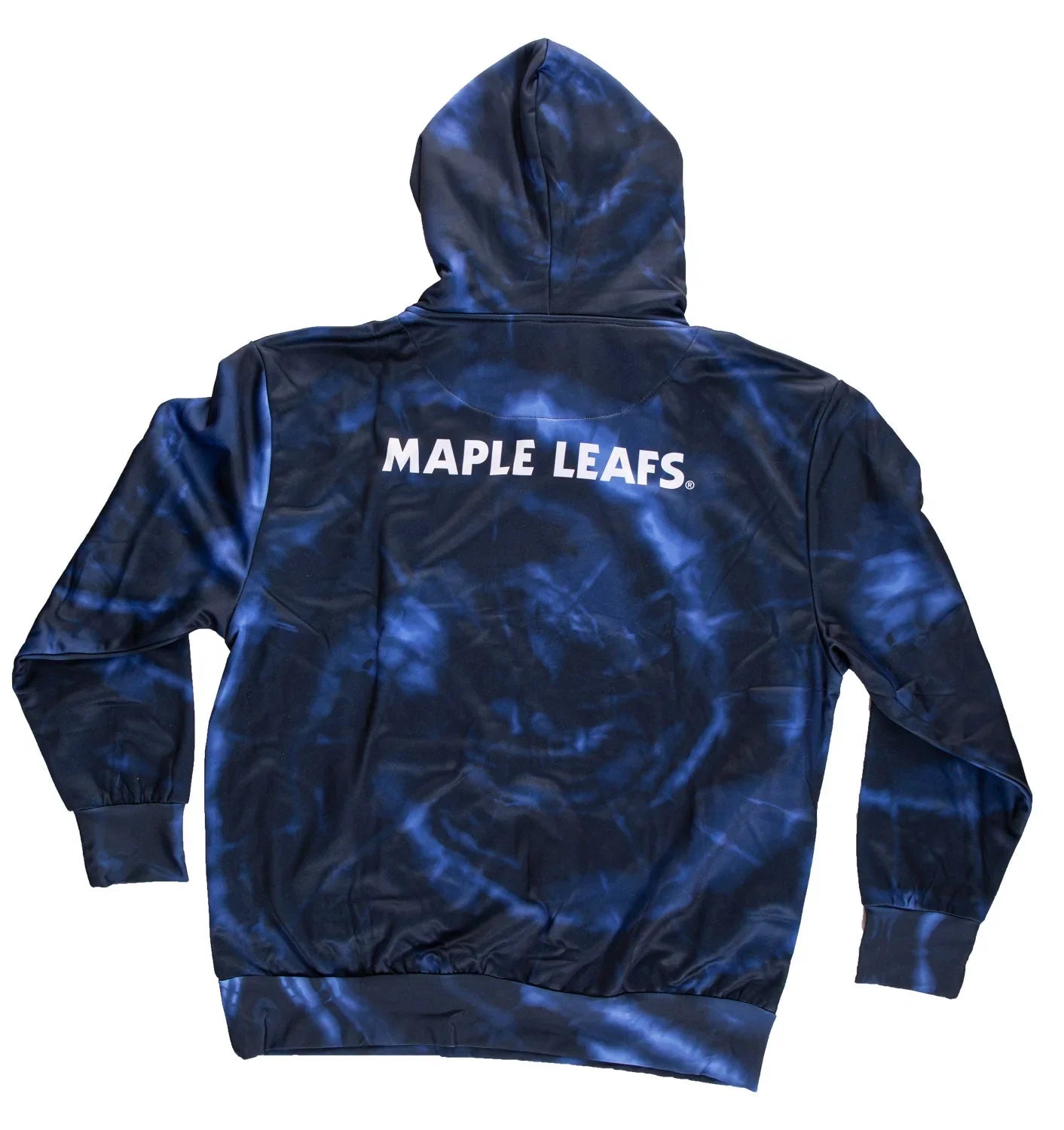 Toronto Maple Leafs sublimated blue hoodie with white MAPLE LEAFS text on back