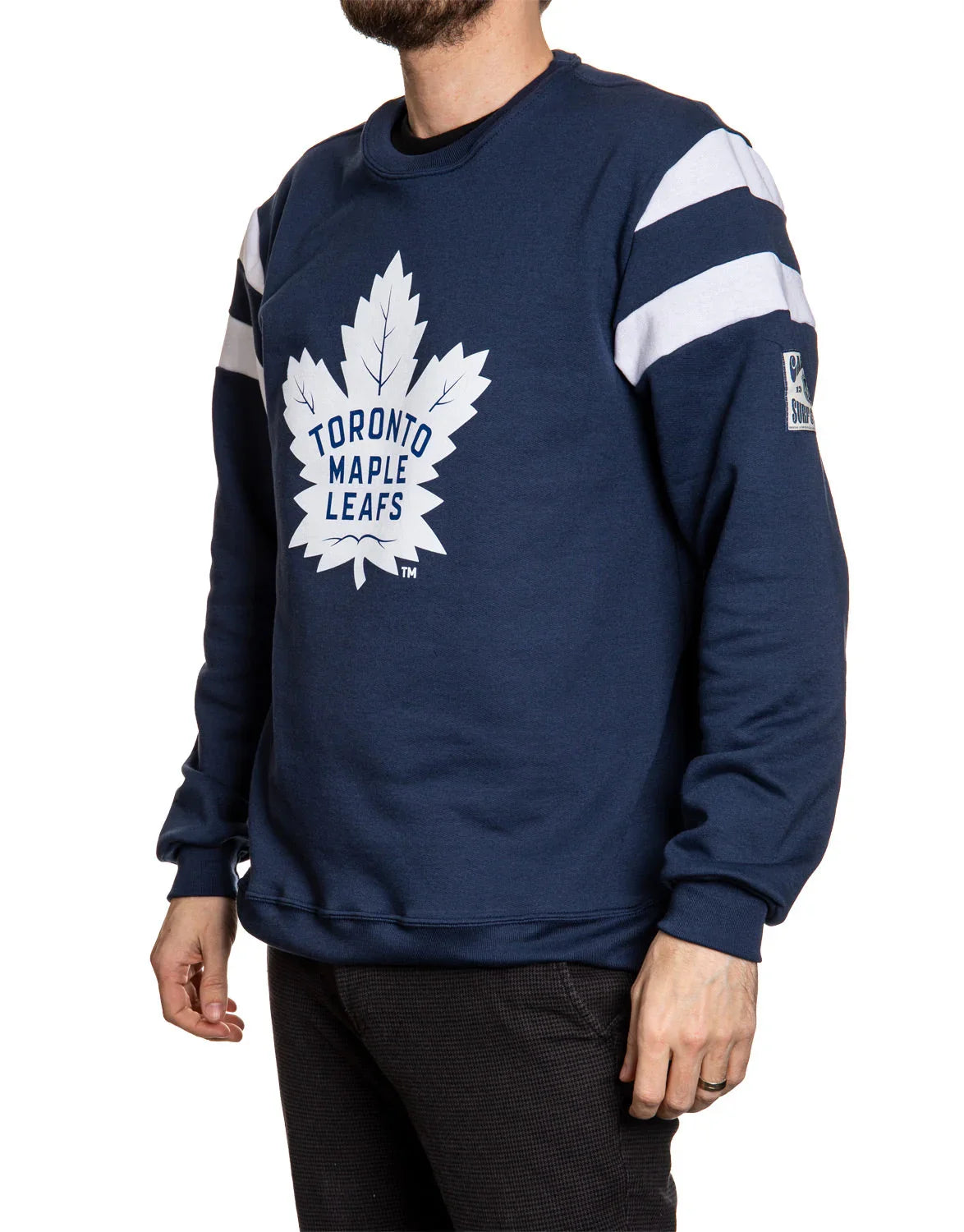 Toronto Maple Leafs varsity sweater in navy blue with white stripes on sleeves