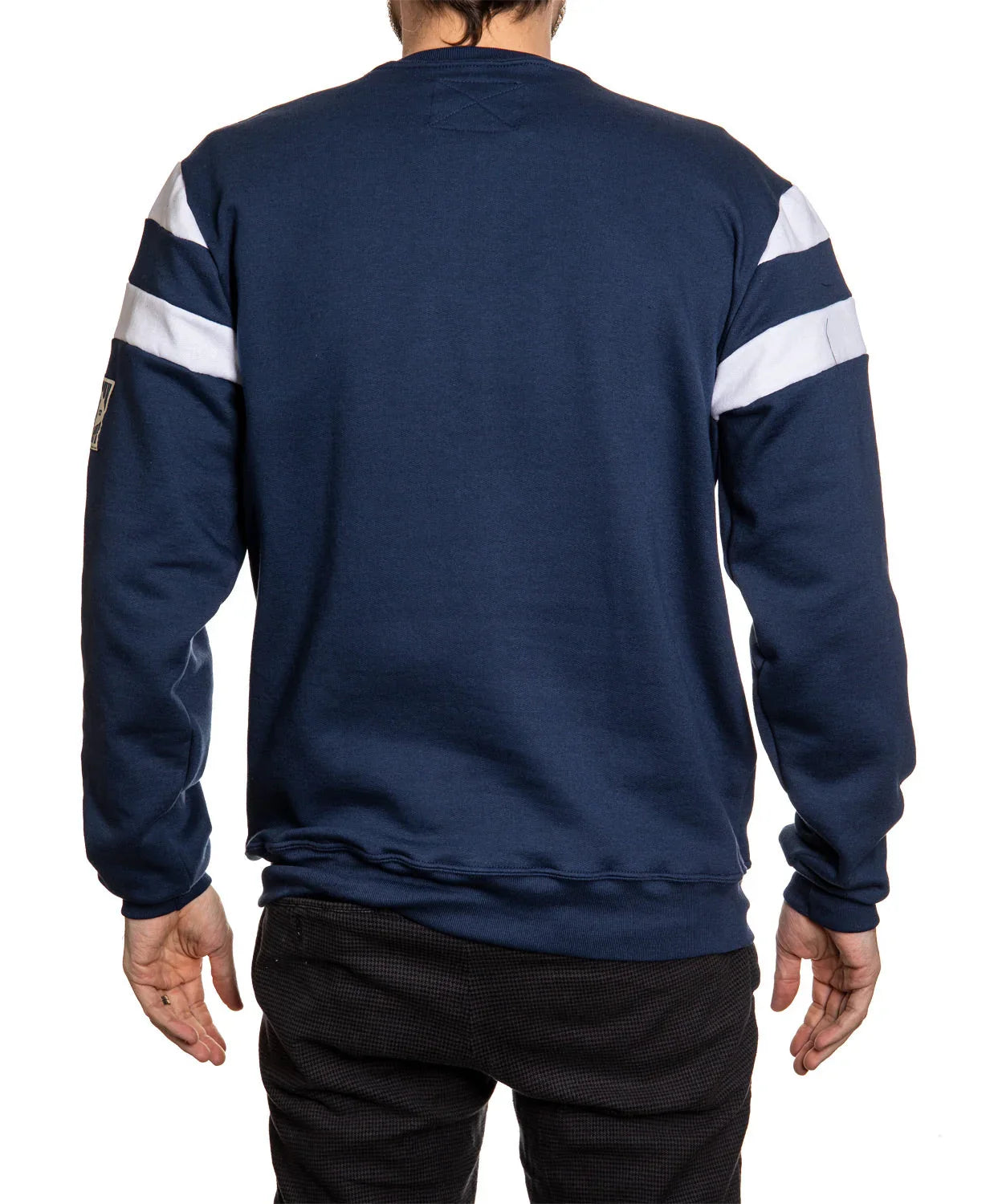 Back view of navy Toronto Varsity sweater with white stripes on sleeves