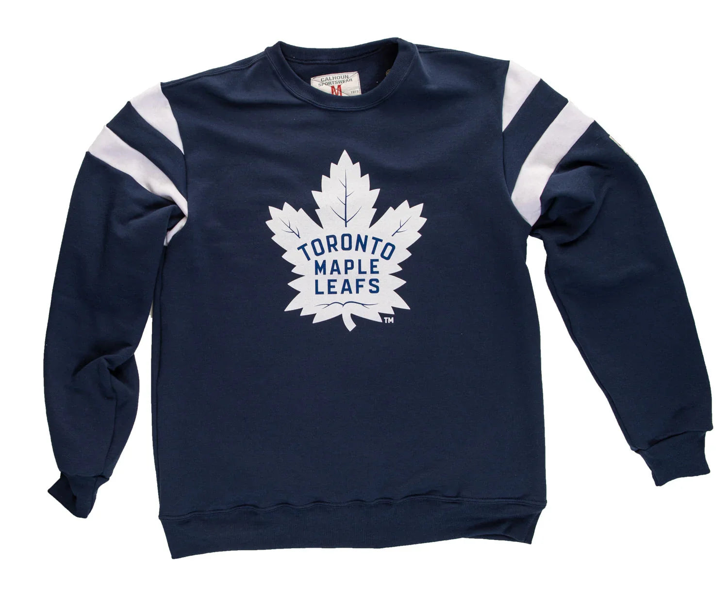 Navy Toronto Maple Leafs varsity sweater with white stripes and leaf logo flat lay