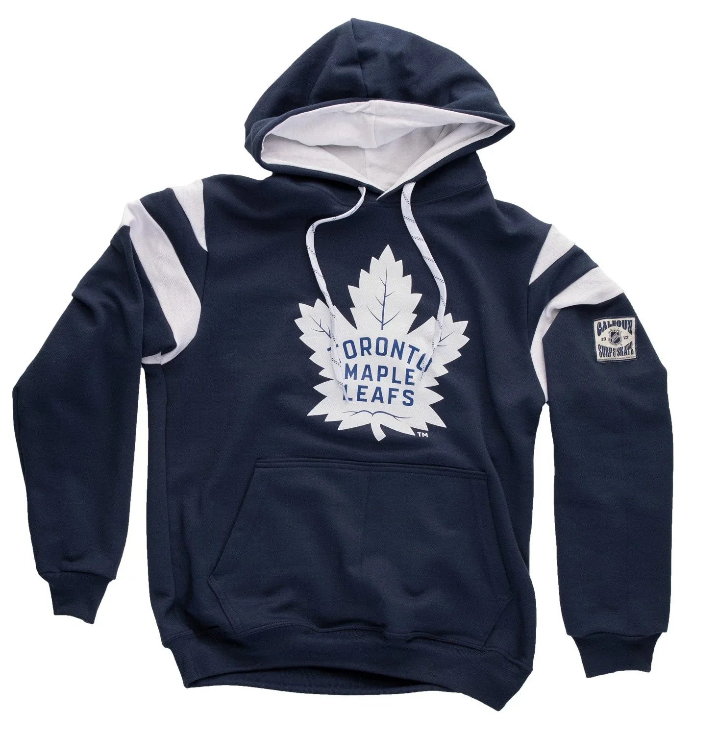 Toronto Maple Leafs navy blue hoodie with white logo and Calhoun patch on sleeve