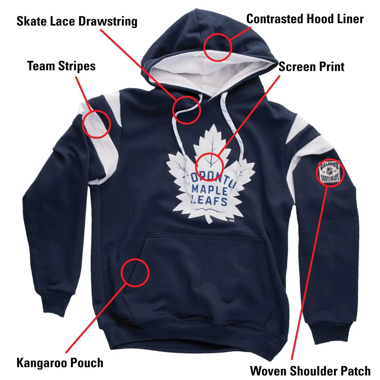 Toronto Maple Leafs hoodie with skate lace drawstring, white stripes, kangaroo pouch, and team logo.
