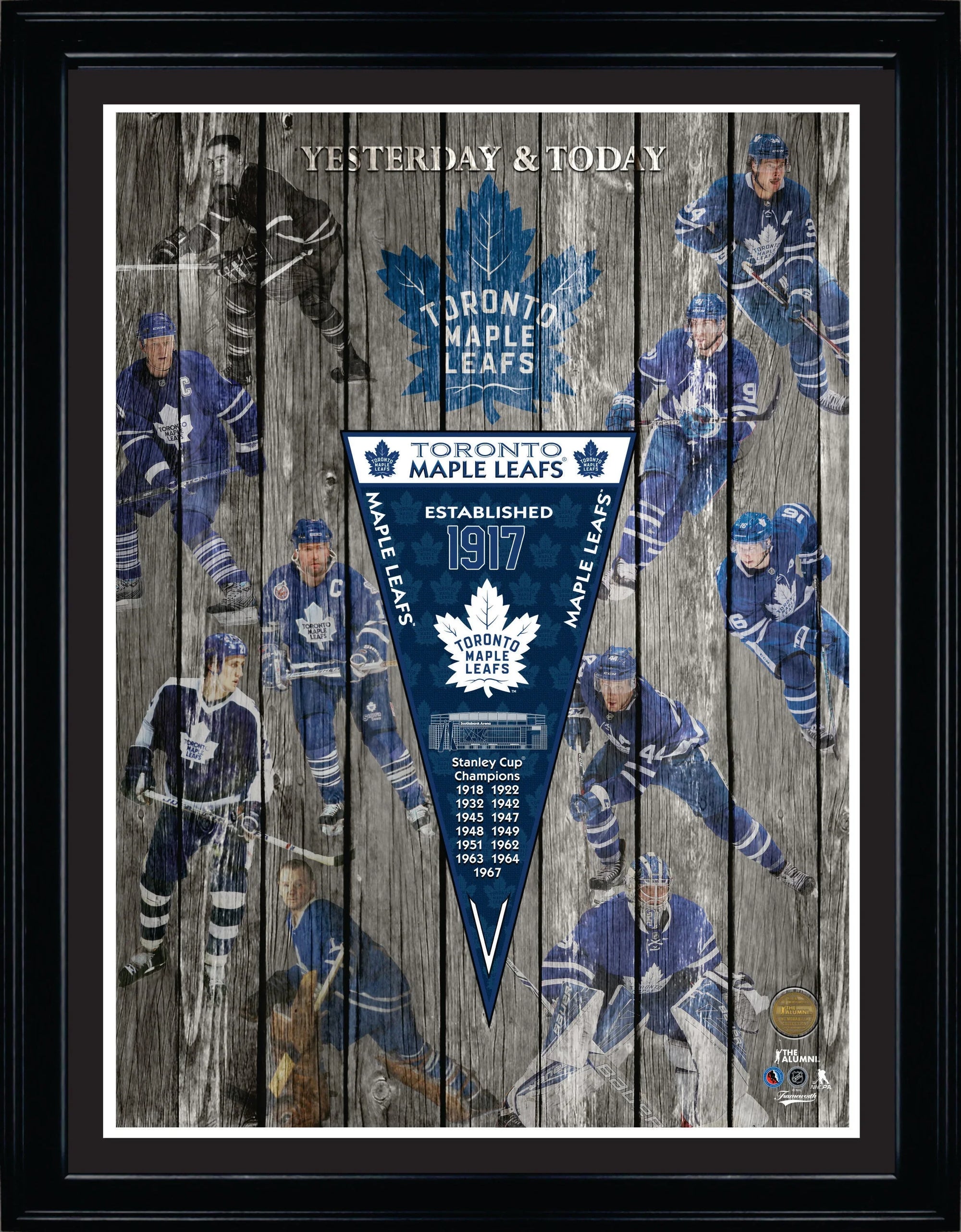 Toronto Maple Leafs collage with players in blue jerseys, vintage wood background, Maple Leafs logo, and pennant highlighting Stanley Cup wins.