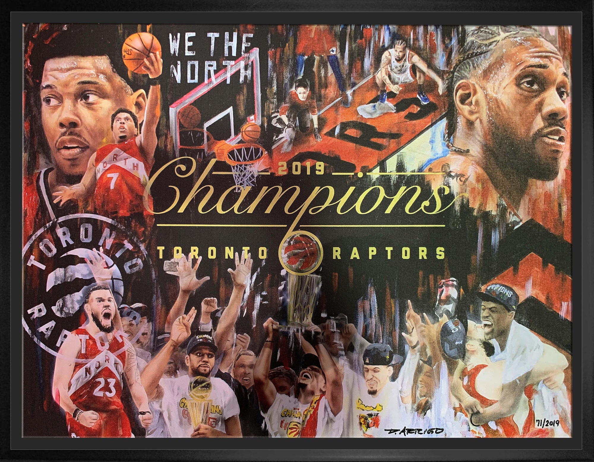 Toronto Raptors 2019 NBA Champions collage with players celebrating and trophy