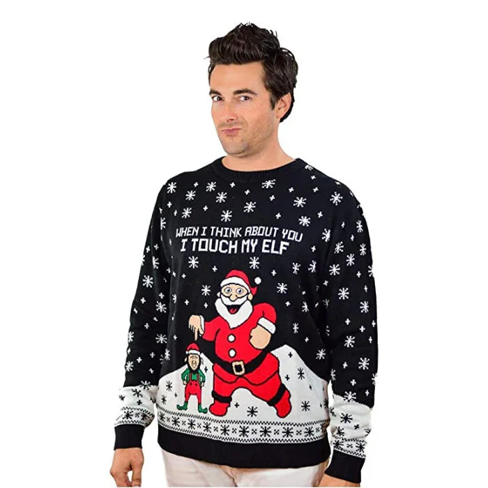 Man wearing a funny Christmas sweater with Santa, elf, snowflakes, and humorous text.