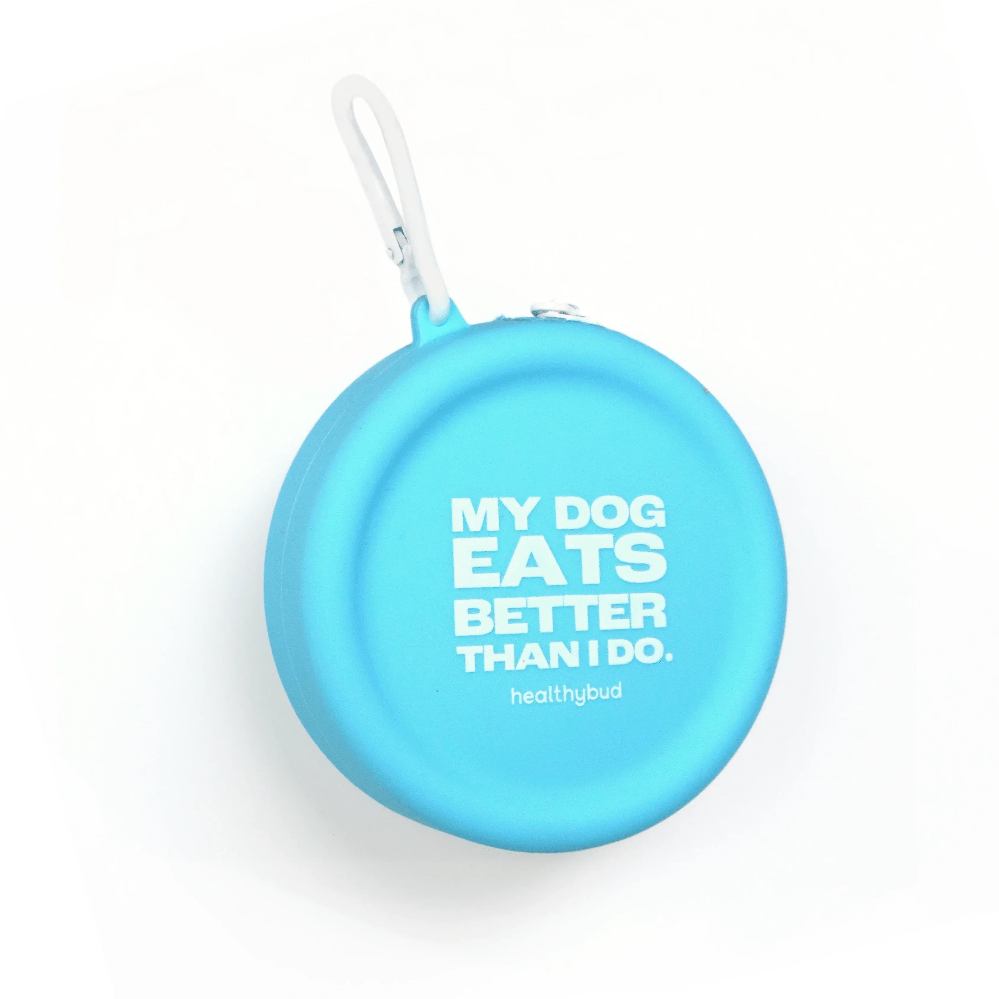 Blue dog training treat pouch with clip and 'My dog eats better than I do' text