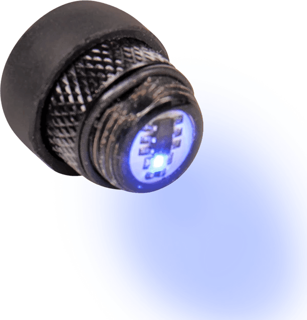 Trophy Ridge archery click light with blue LED glowing, outdoor sports accessory