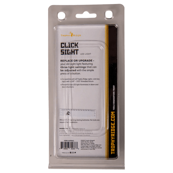 Back of Trophy Ridge Click Sight LED light packaging for archery accessories