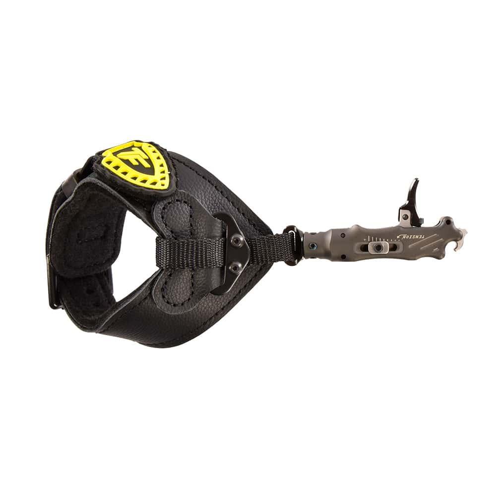 TruFire Exert Flex black archery release aid with yellow logo on wrist strap