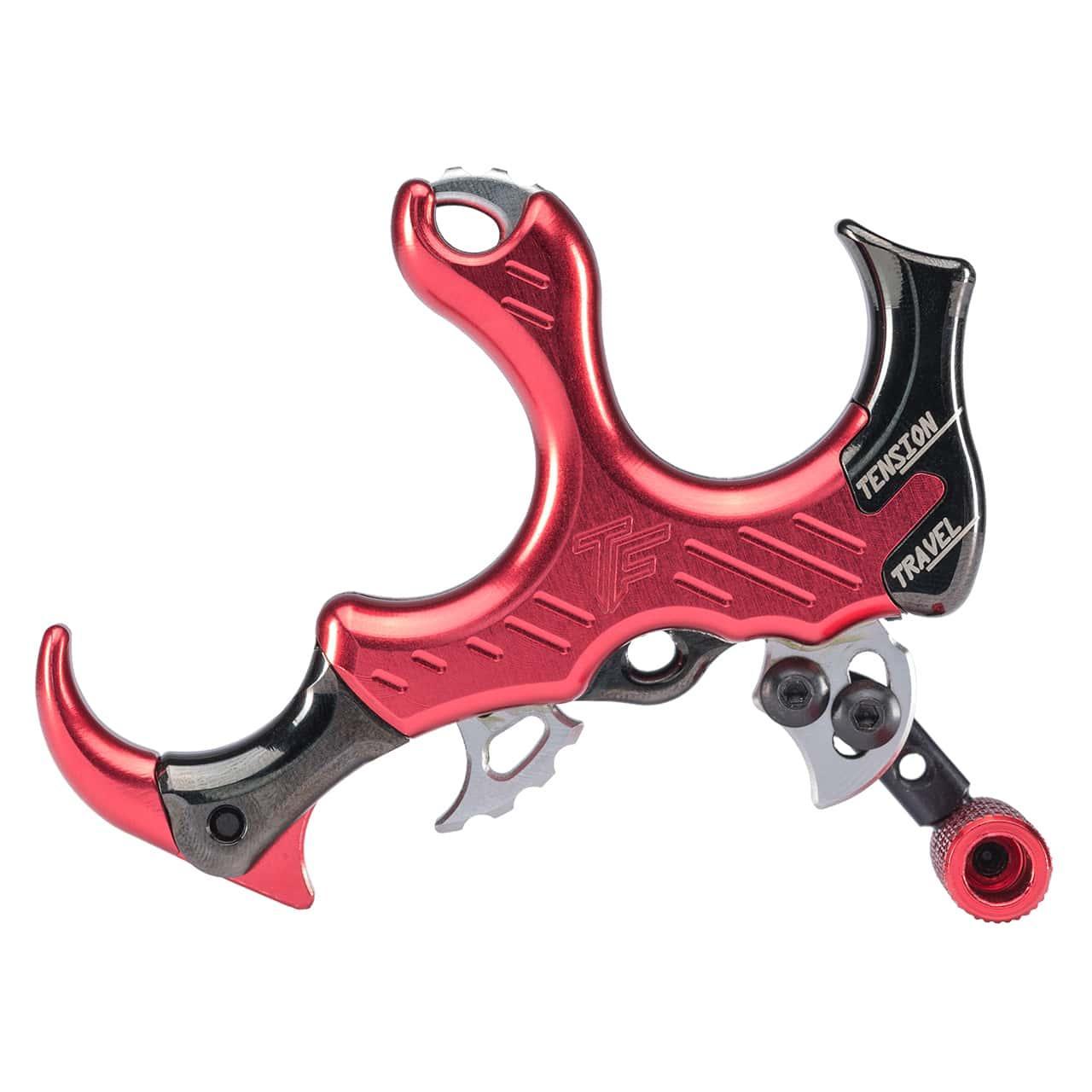 TruFire Synapse red thumb archery release with adjustable tension and travel settings.