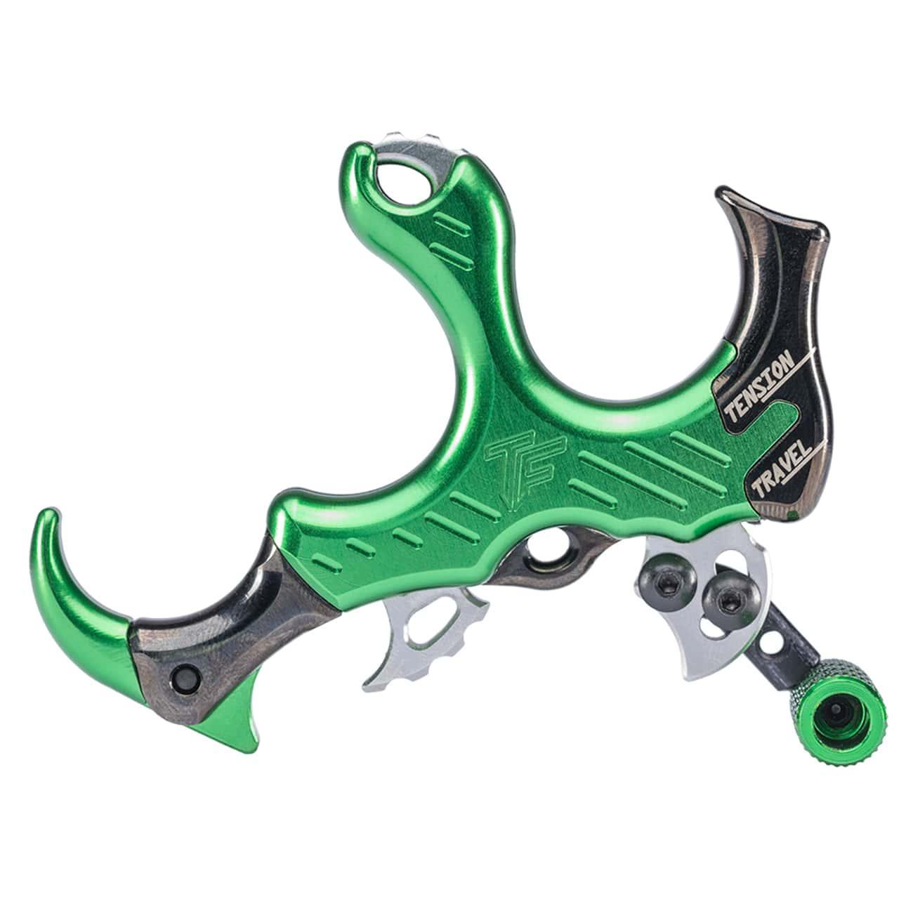Green TruFire Synapse thumb release for archery with metal tension and travel adjustment