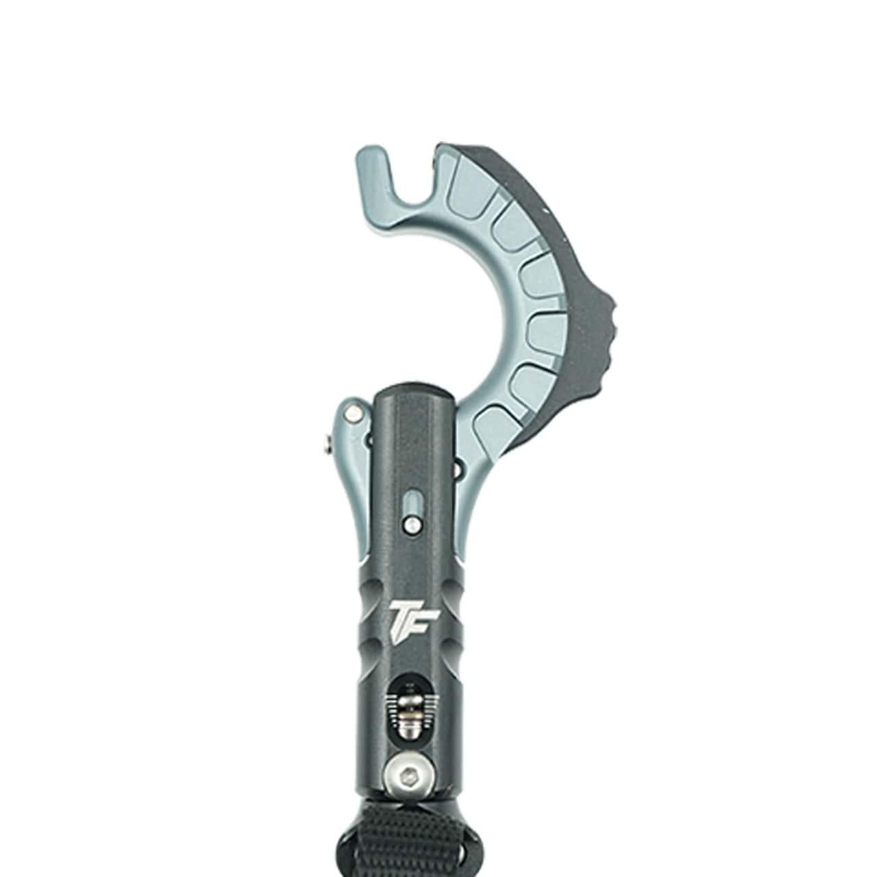 TruFire archery release aid with metal jaws and black handle on white background