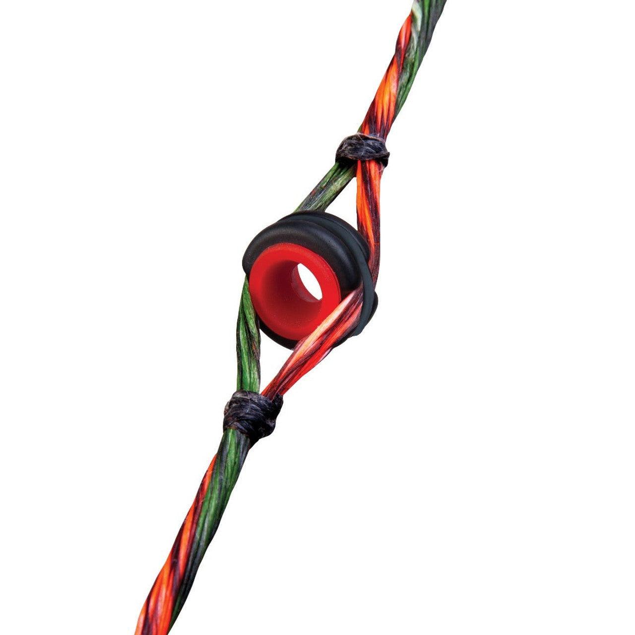 Red bow string peep sight installed on multicolor archery bowstring