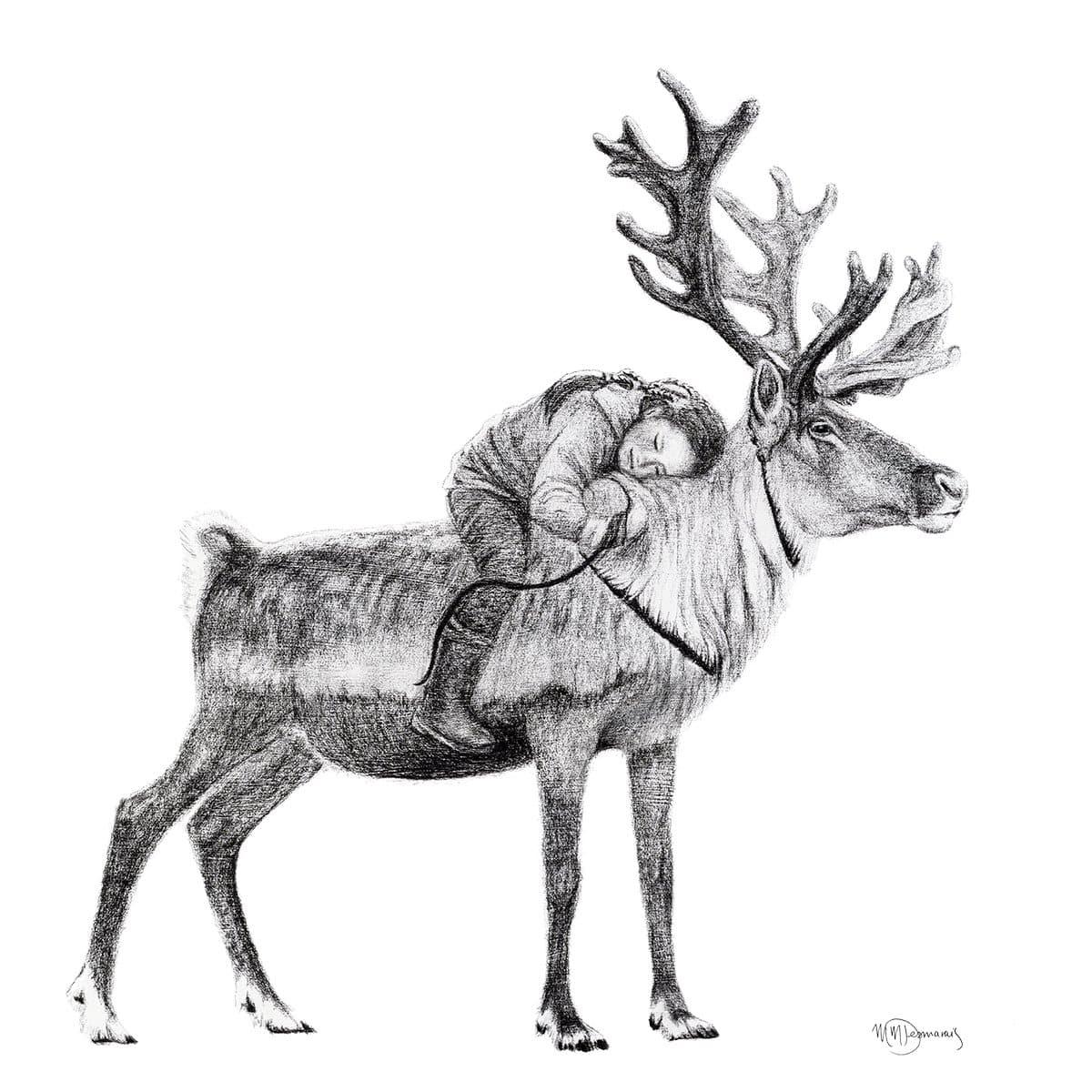 Pencil drawing of a Tsaatan girl resting on a reindeer, social animal illustration