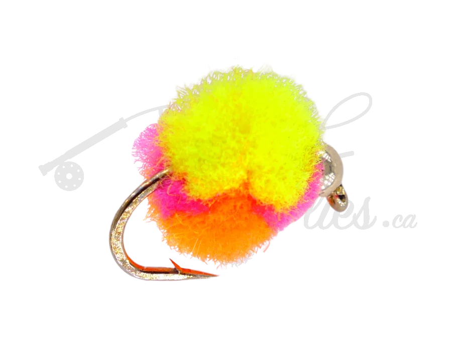 Tungsten beadhead clown egg fly fishing lure with bright yellow, pink, and orange colors