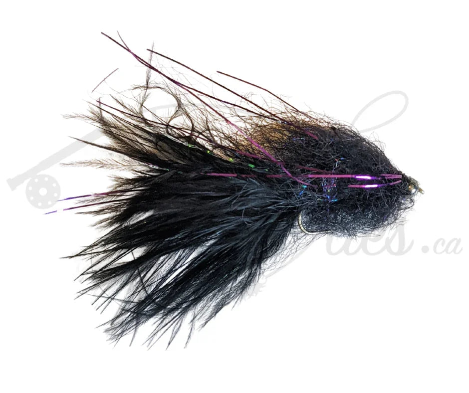 Black and purple tungsten beadhead leech fly fishing lure with marabou and flash.