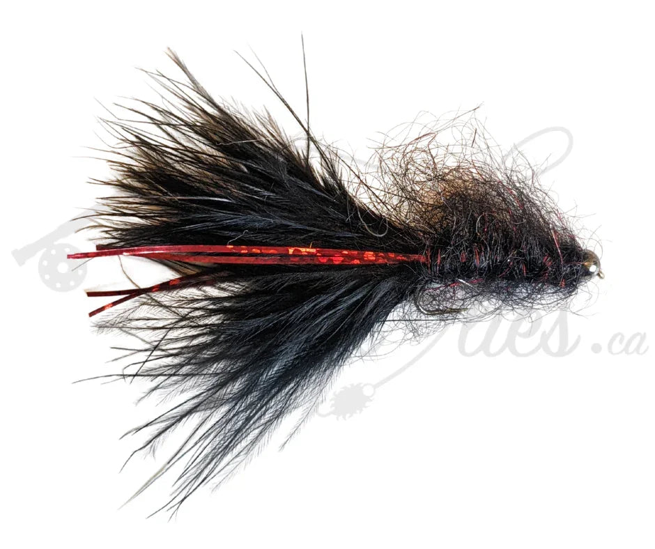 Black and red tungsten beadhead leech fly for fly fishing on white background