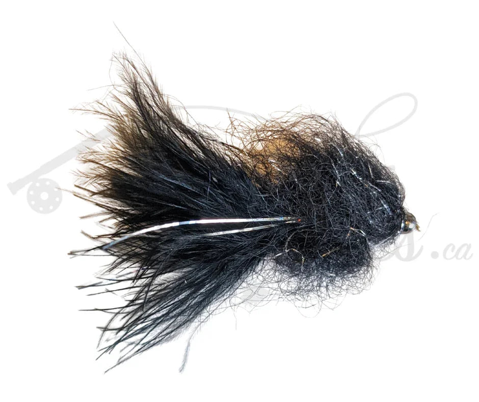 Black and silver tungsten beadhead leech fly fishing lure on white background