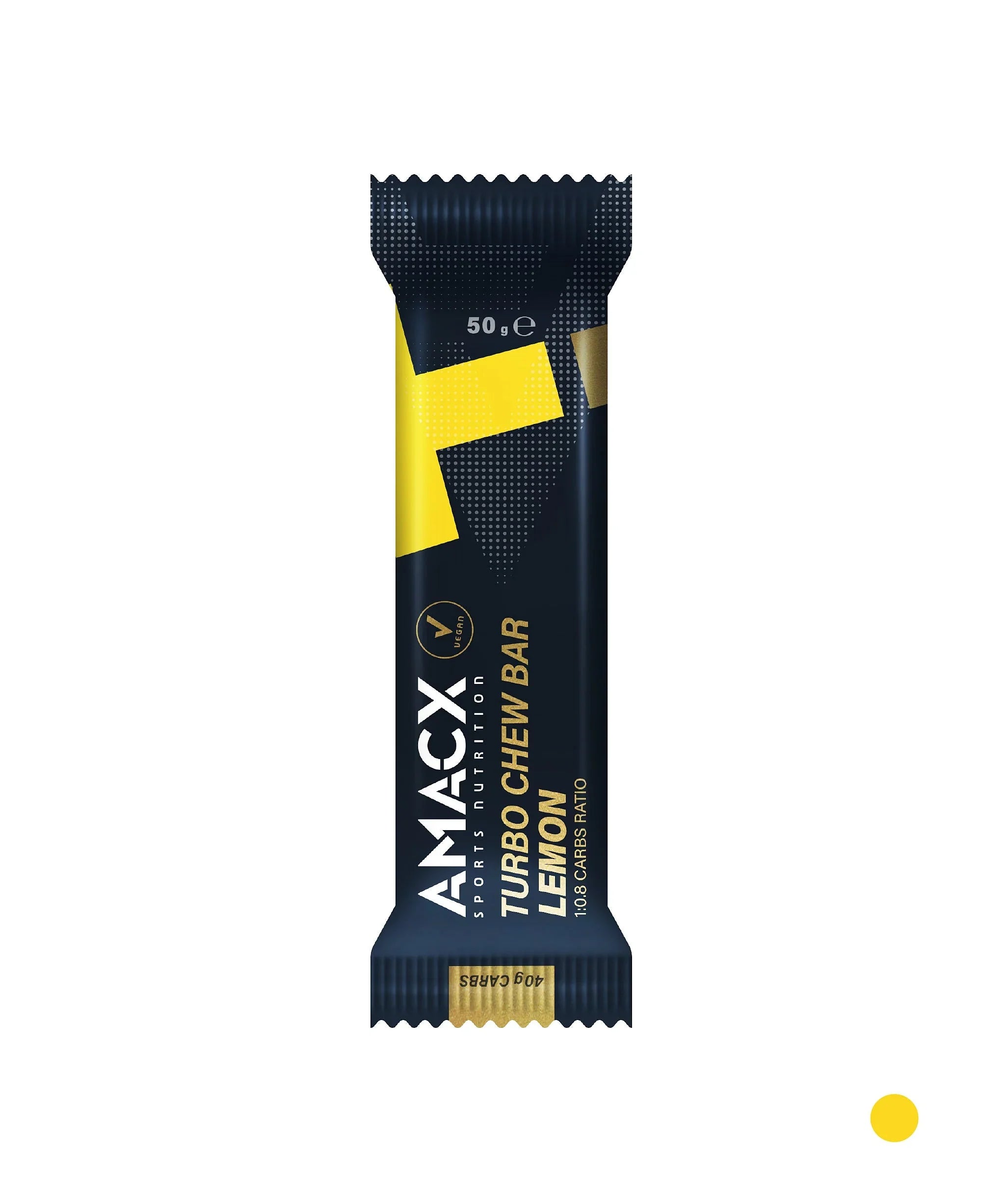 AMACX Turbo Chew Bar Lemon energy bar in black and yellow packaging on white background