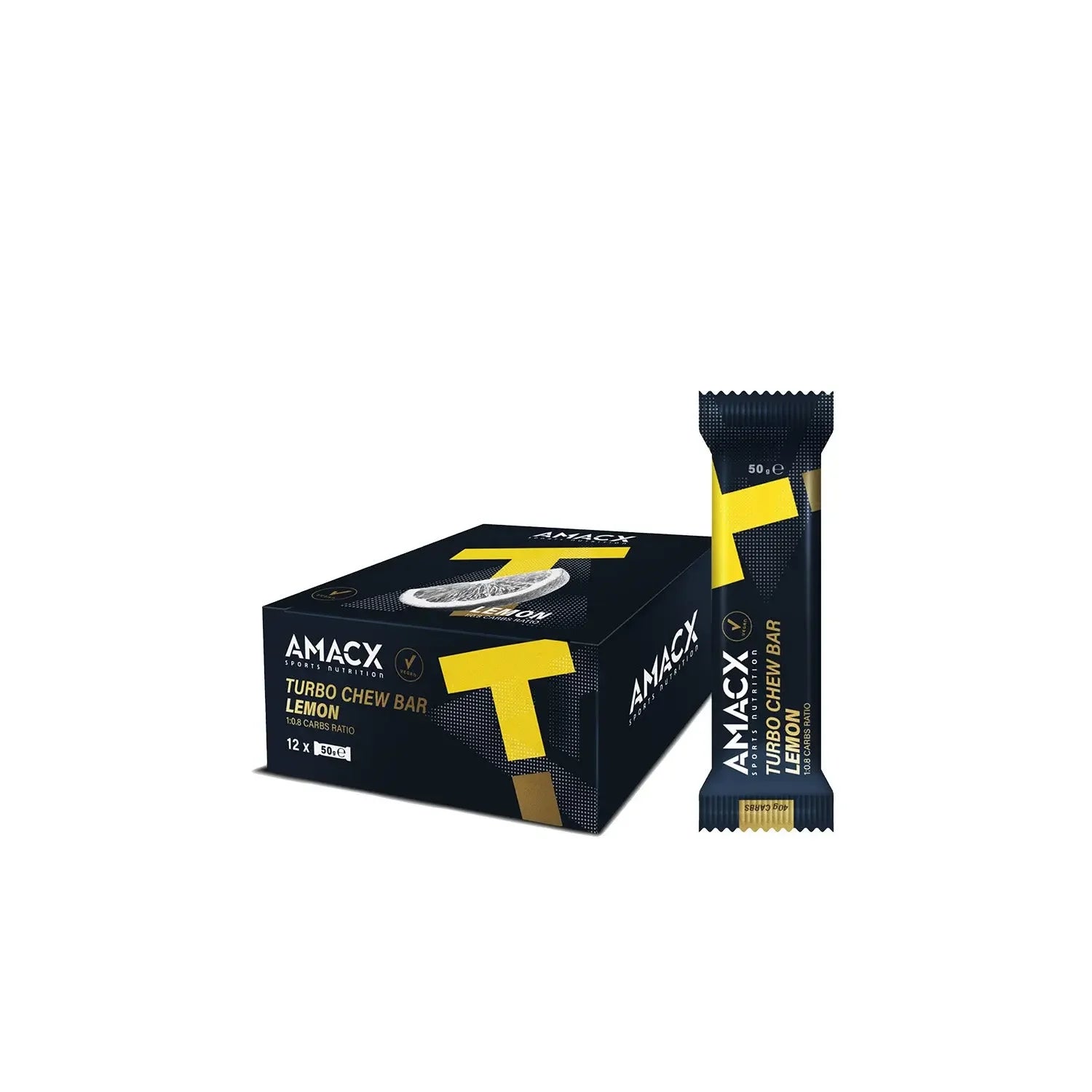 Amacx Turbo Chew Bar Lemon sports nutrition box and single energy bar on white background