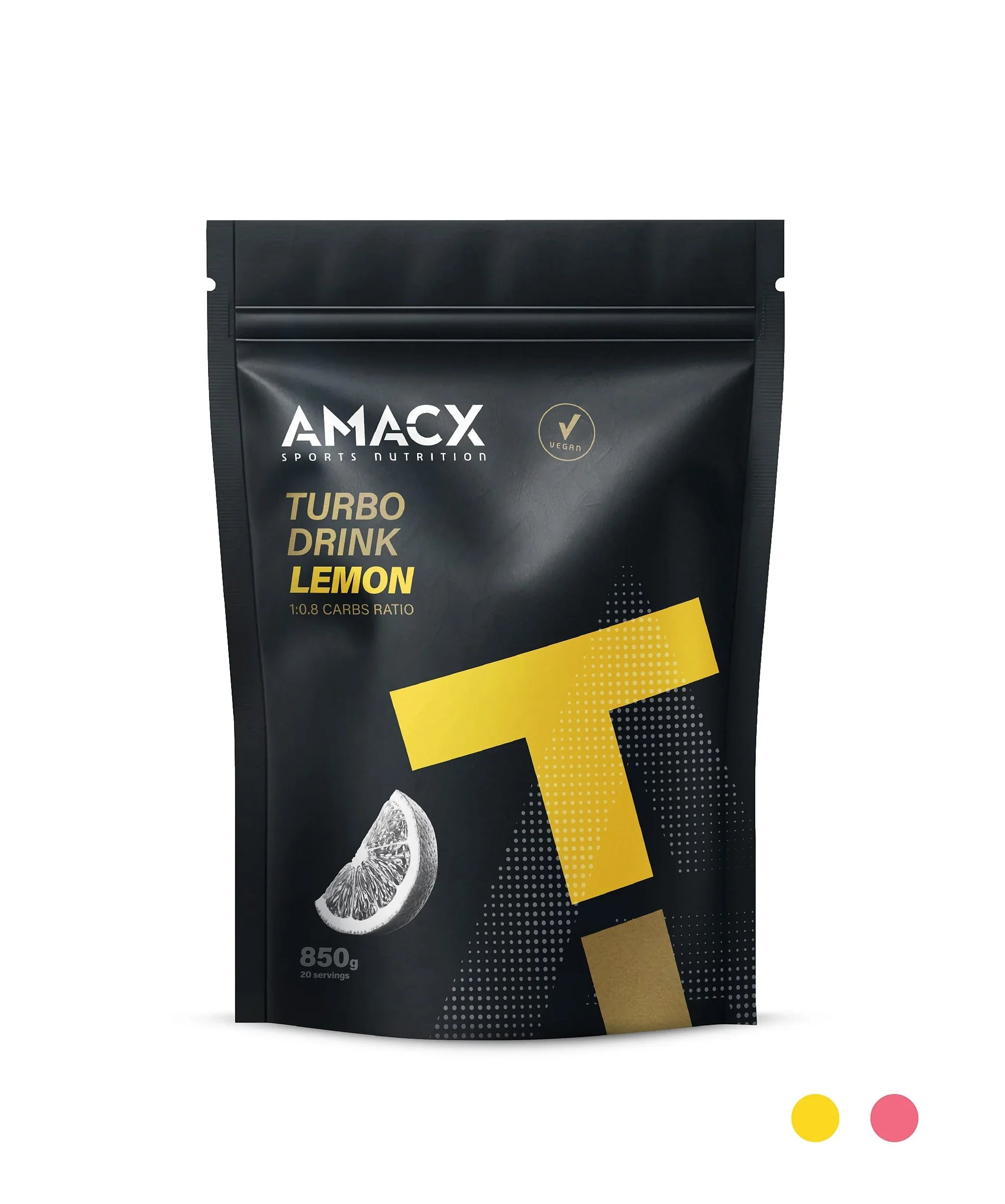 AMACX Turbo Drink Lemon 850g pouch, black and yellow sports nutrition packaging