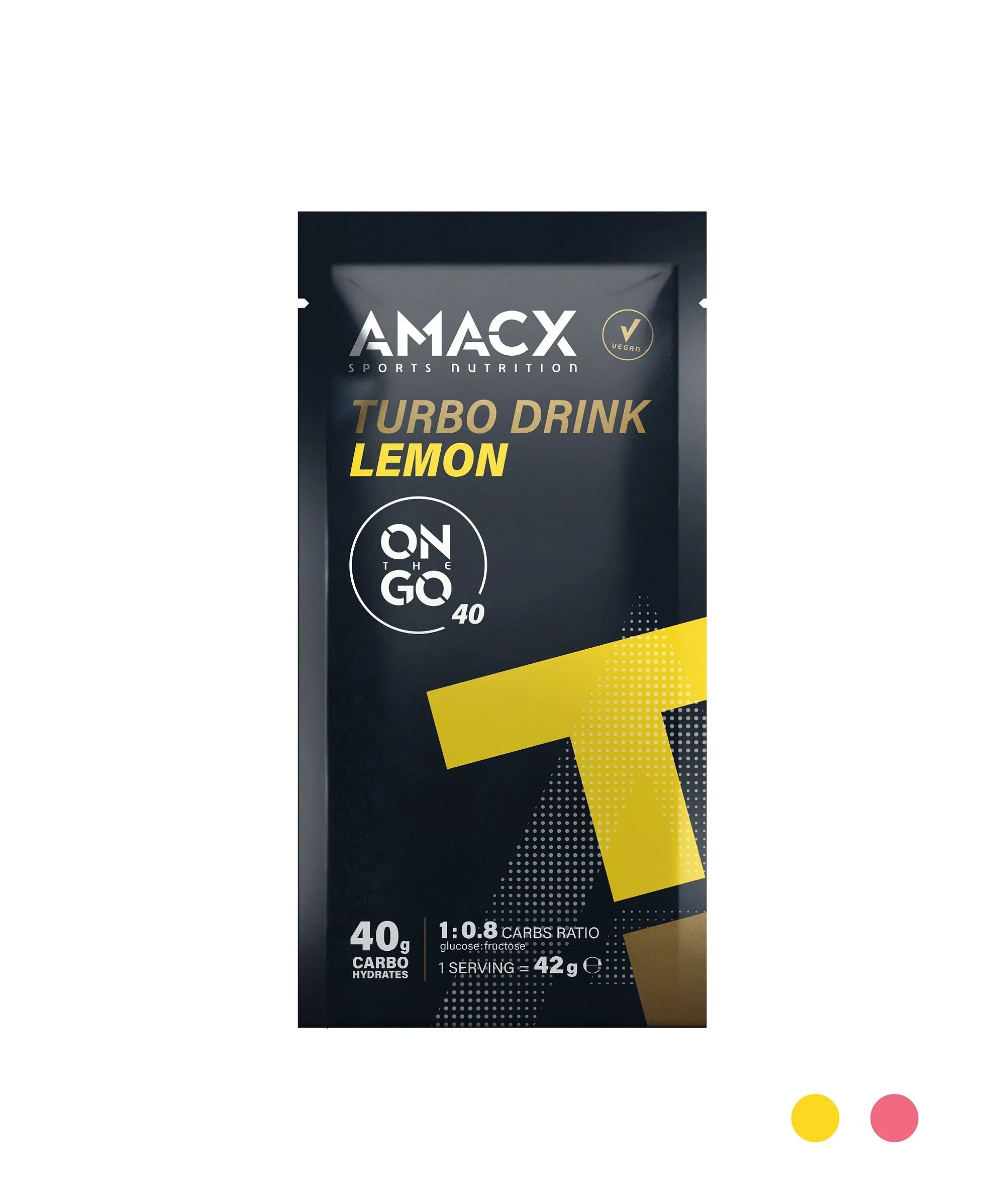 AMACX Turbo Drink Lemon sachet, sports nutrition energy powder, black and yellow packaging
