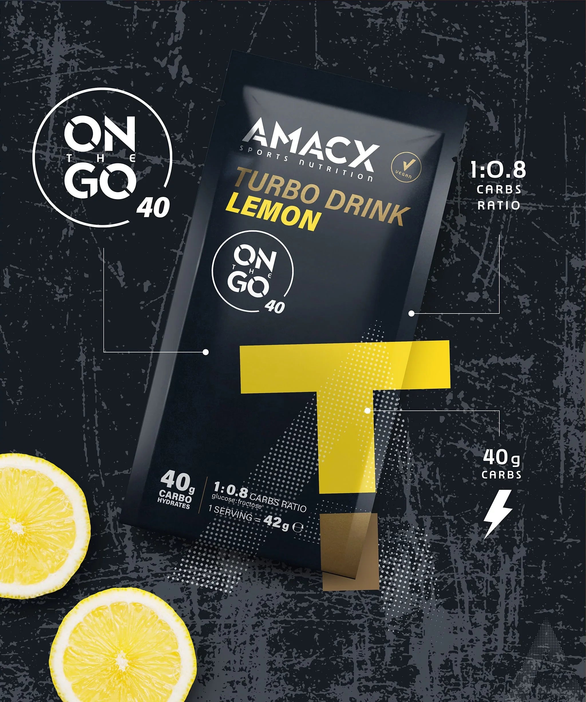 AMACX Turbo Drink Lemon packet with lemon slices, 40g carbs, sports nutrition supplement