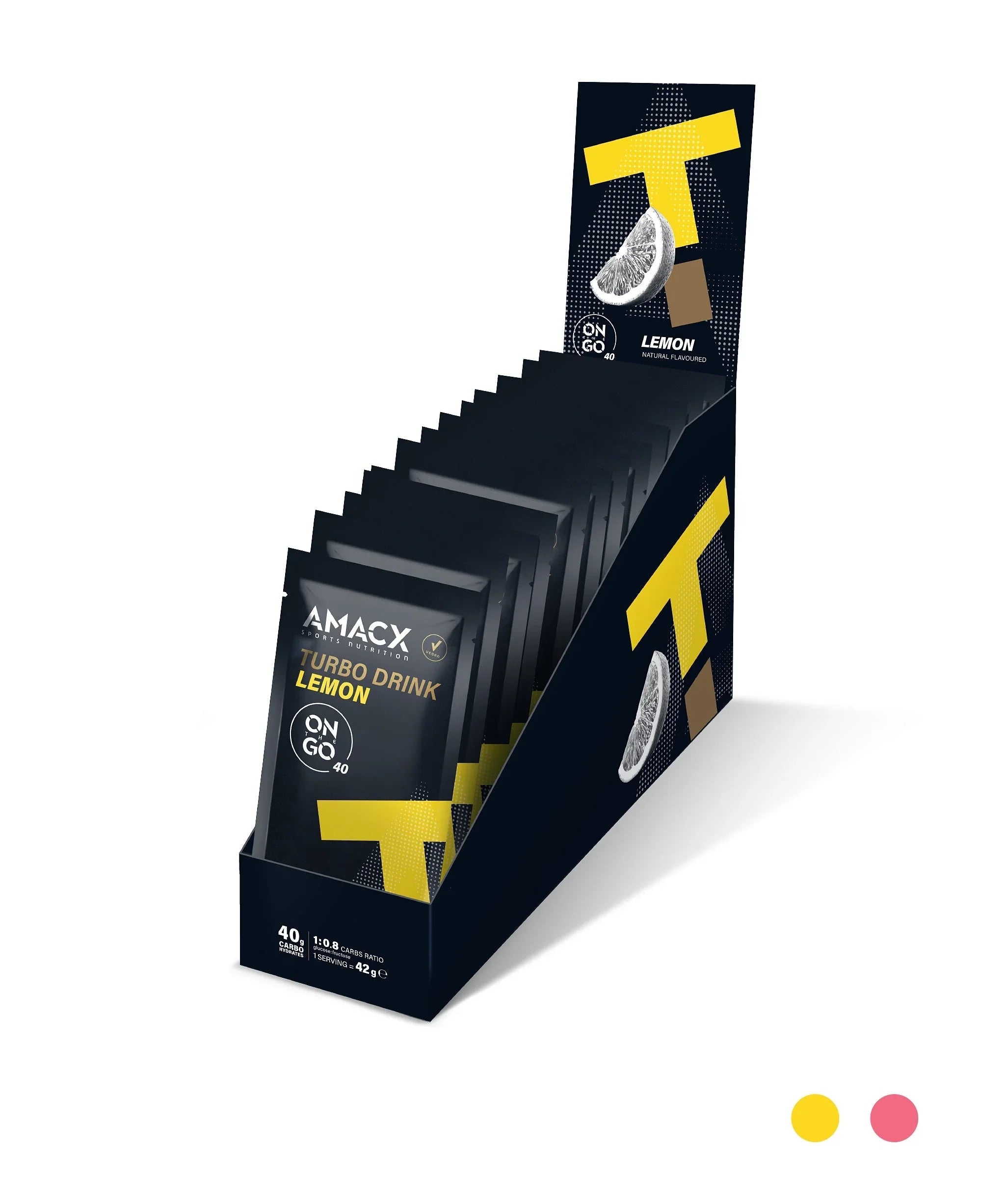 AMACX Turbo Drink Lemon sachets in black and yellow retail display box with lemon graphic