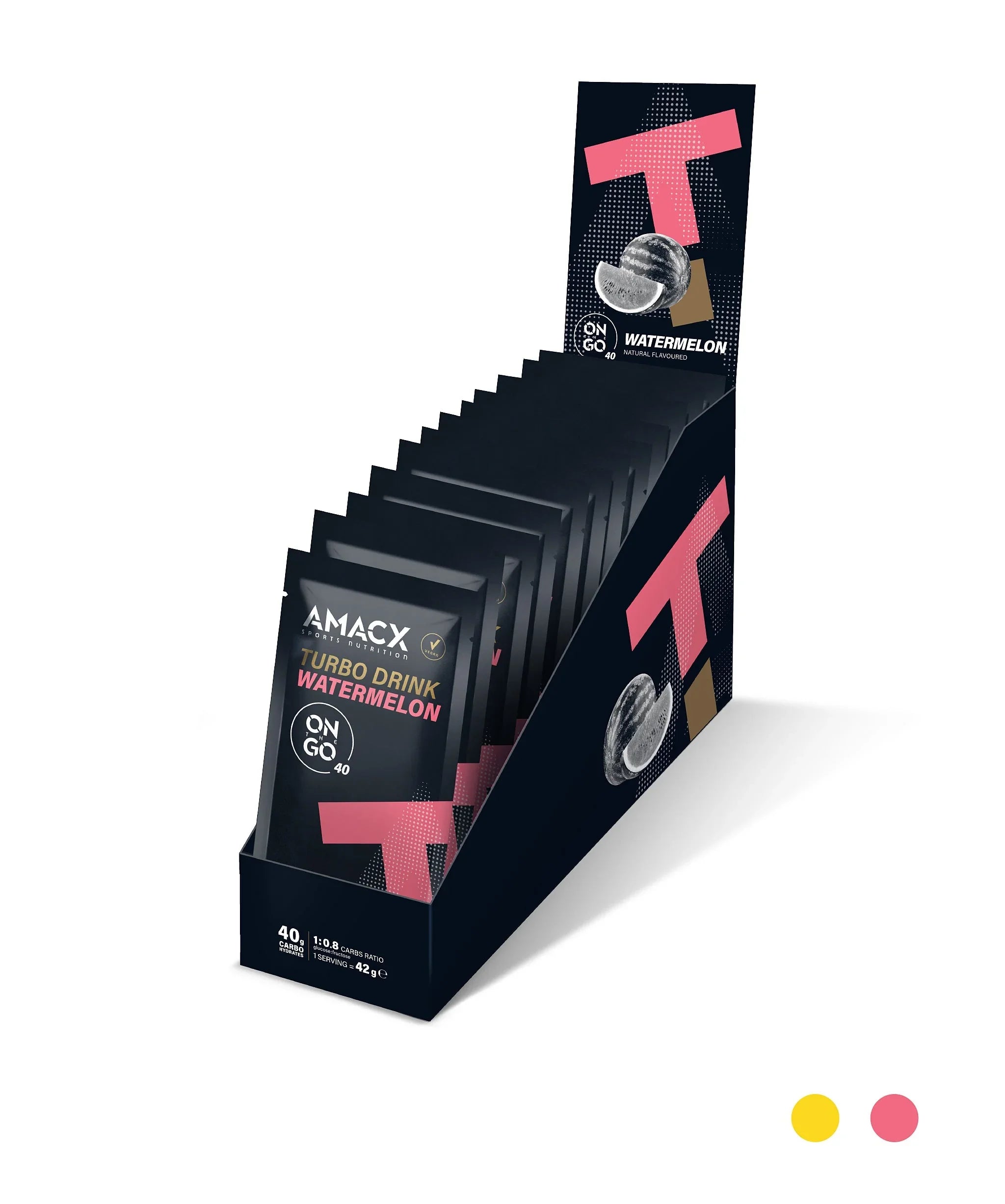 AMACX Turbo Drink Watermelon sachets in black display box, sports nutrition packaging
