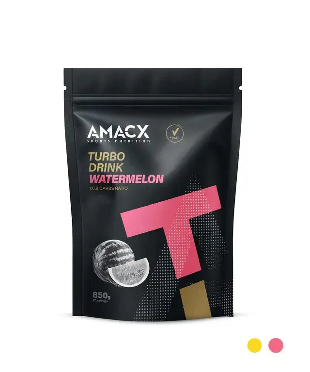 Amacx Turbo Drink Watermelon flavored sports nutrition powder pouch, black with pink graphics