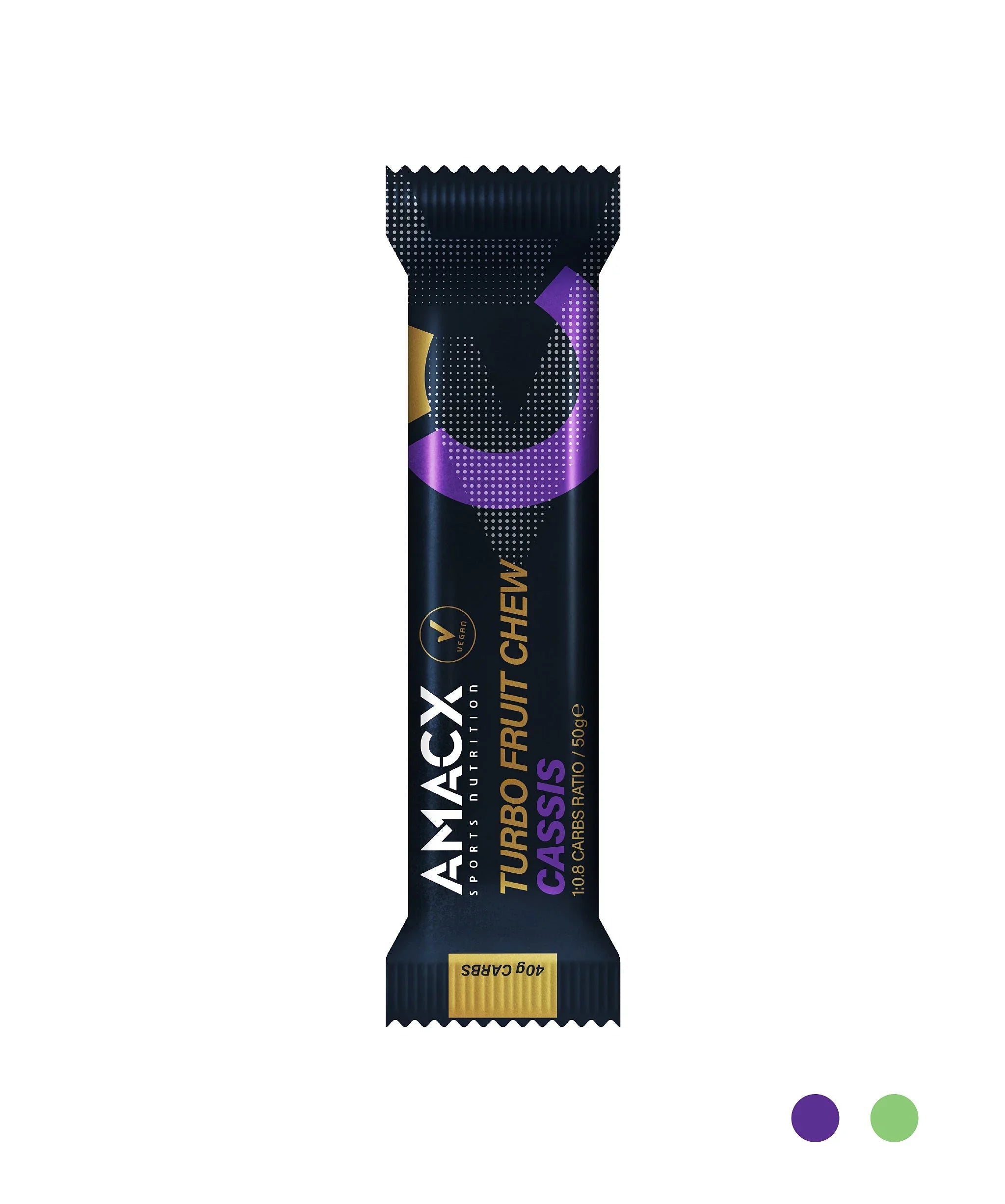 AMACX Turbo Fruit Chew Cassis sports nutrition bar in black, gold, and purple packaging