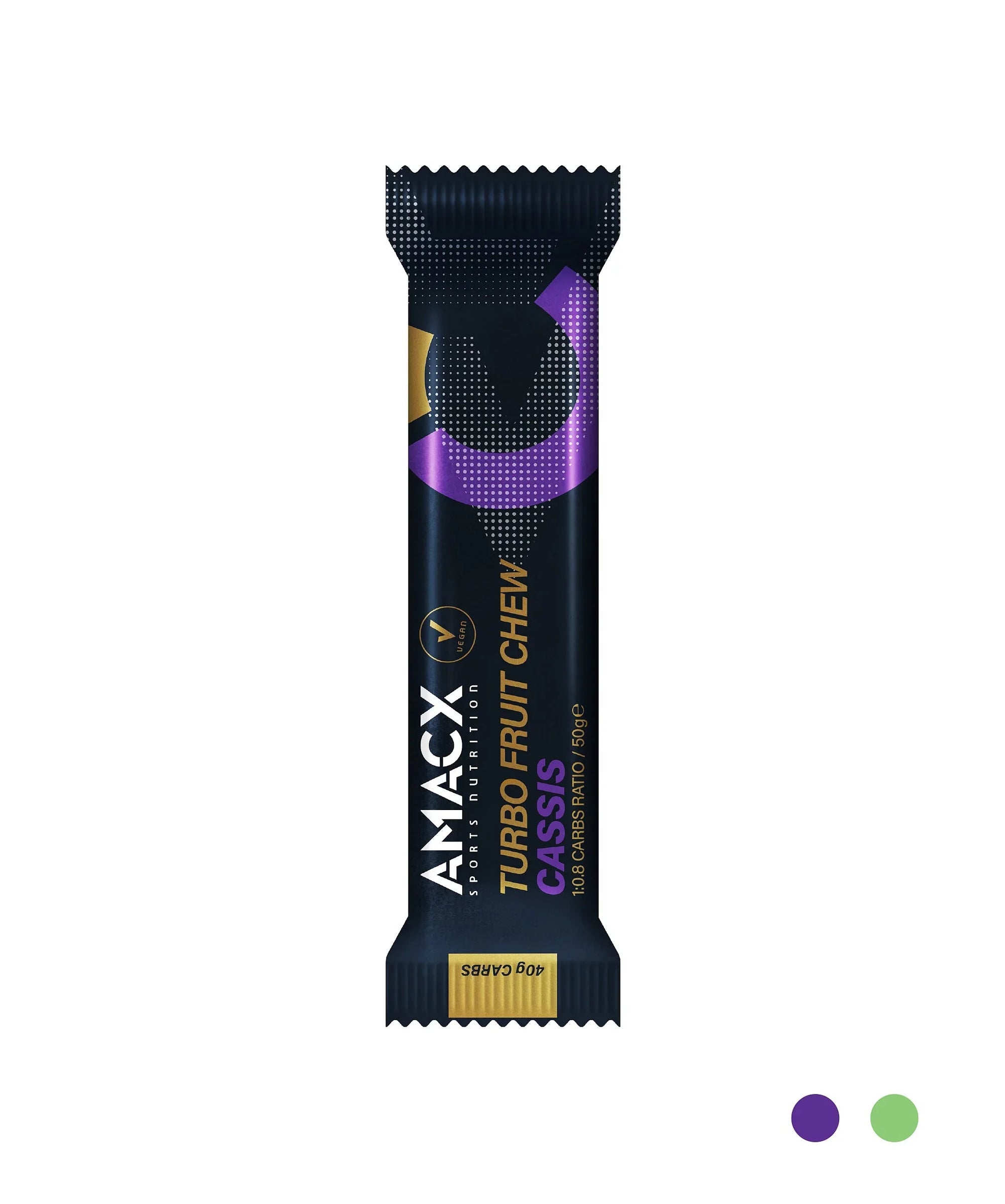 AMACX Turbo Fruit Chew Cassis sports nutrition bar in black, gold, and purple packaging