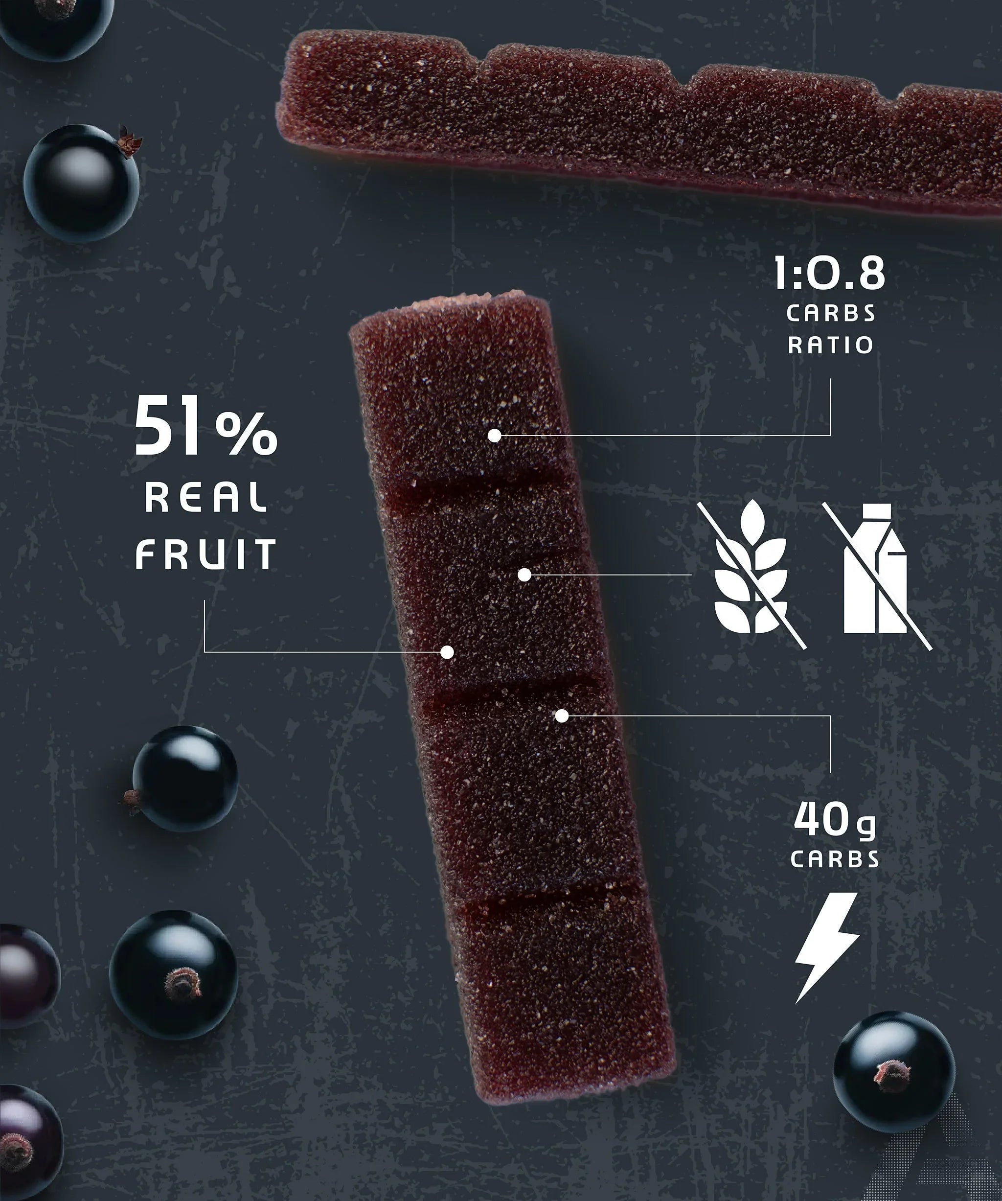 AMACX Turbo Fruit Chew Cassis, blackcurrant flavor, 51% real fruit, 40g carbs energy bar