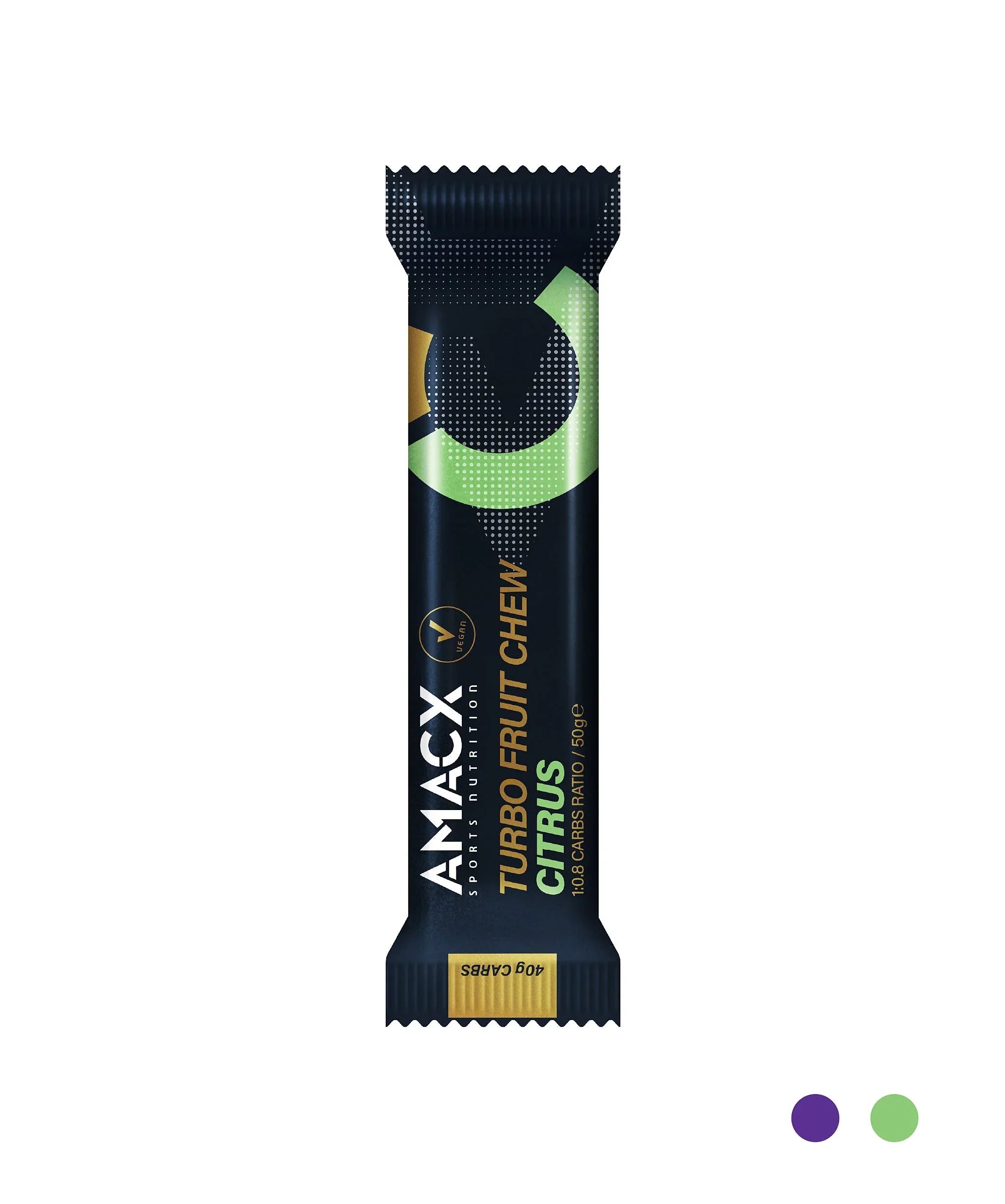 AMACX Turbo Fruit Chew Citrus energy bar in black and green packaging on white background