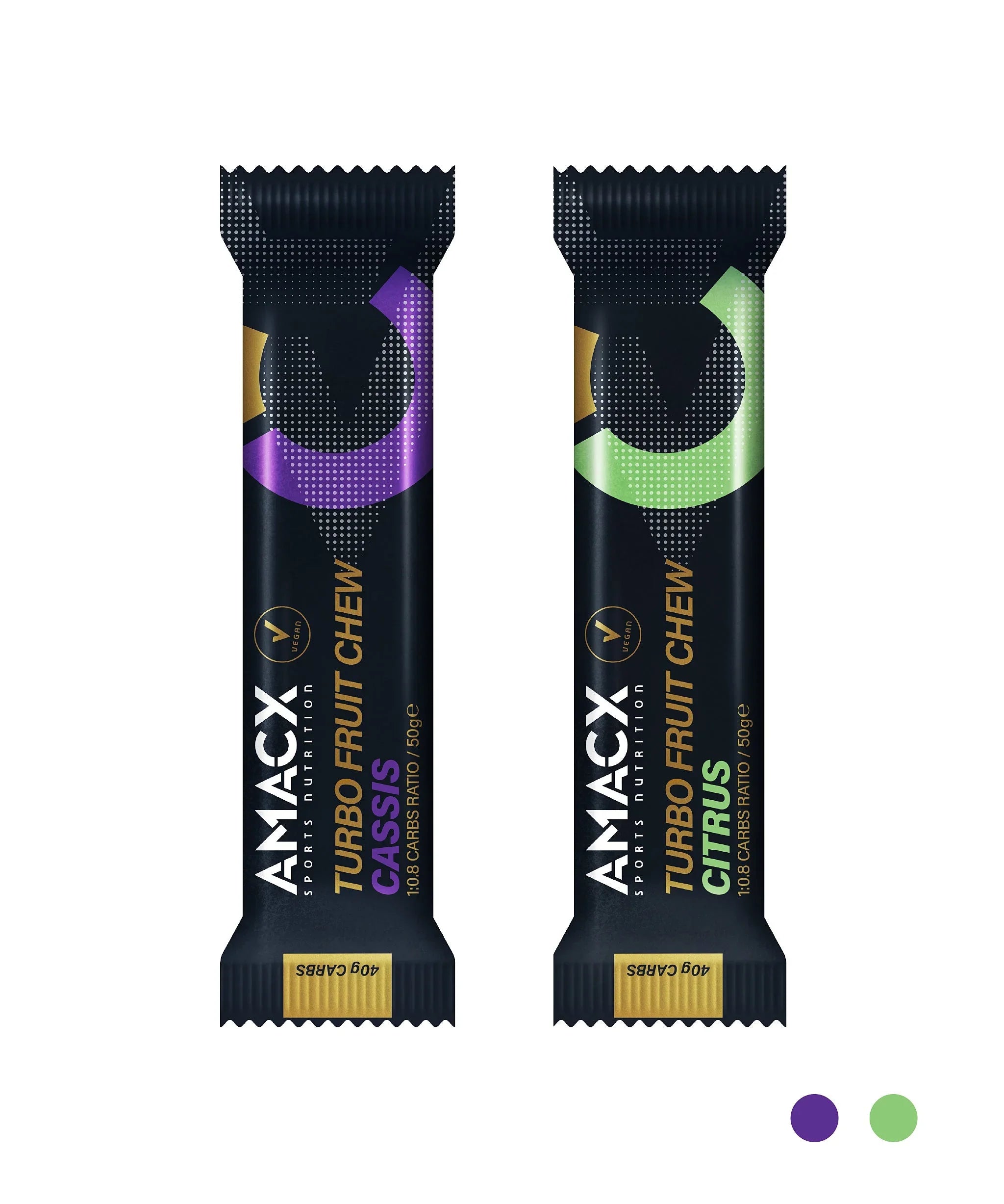 AMACX Turbo Fruit Chew Cassis and Citrus energy bars in black packaging, front view.