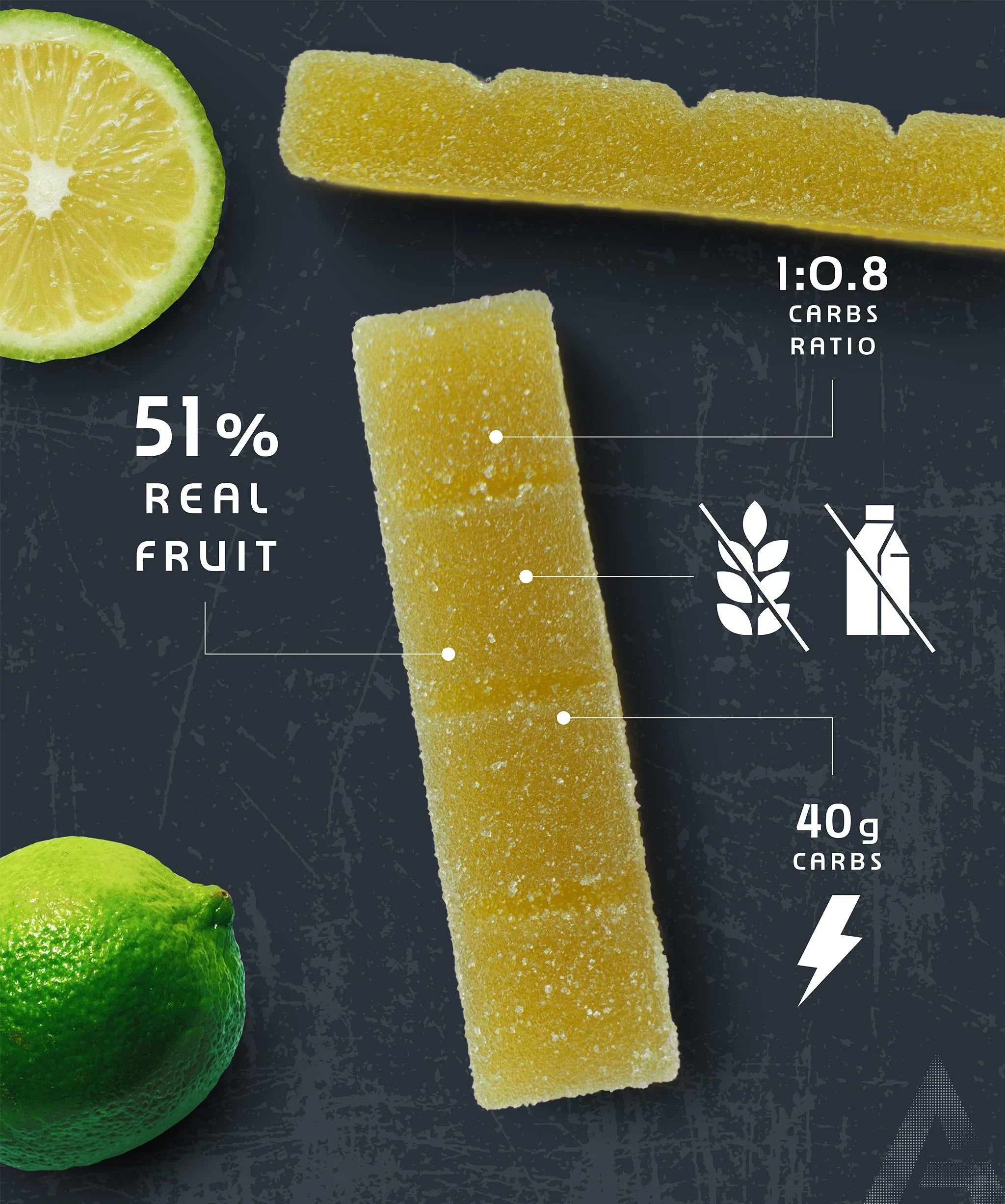 AMACX Turbo Fruit Chew Citrus bar with lime, carb info, 51% real fruit claim on dark background